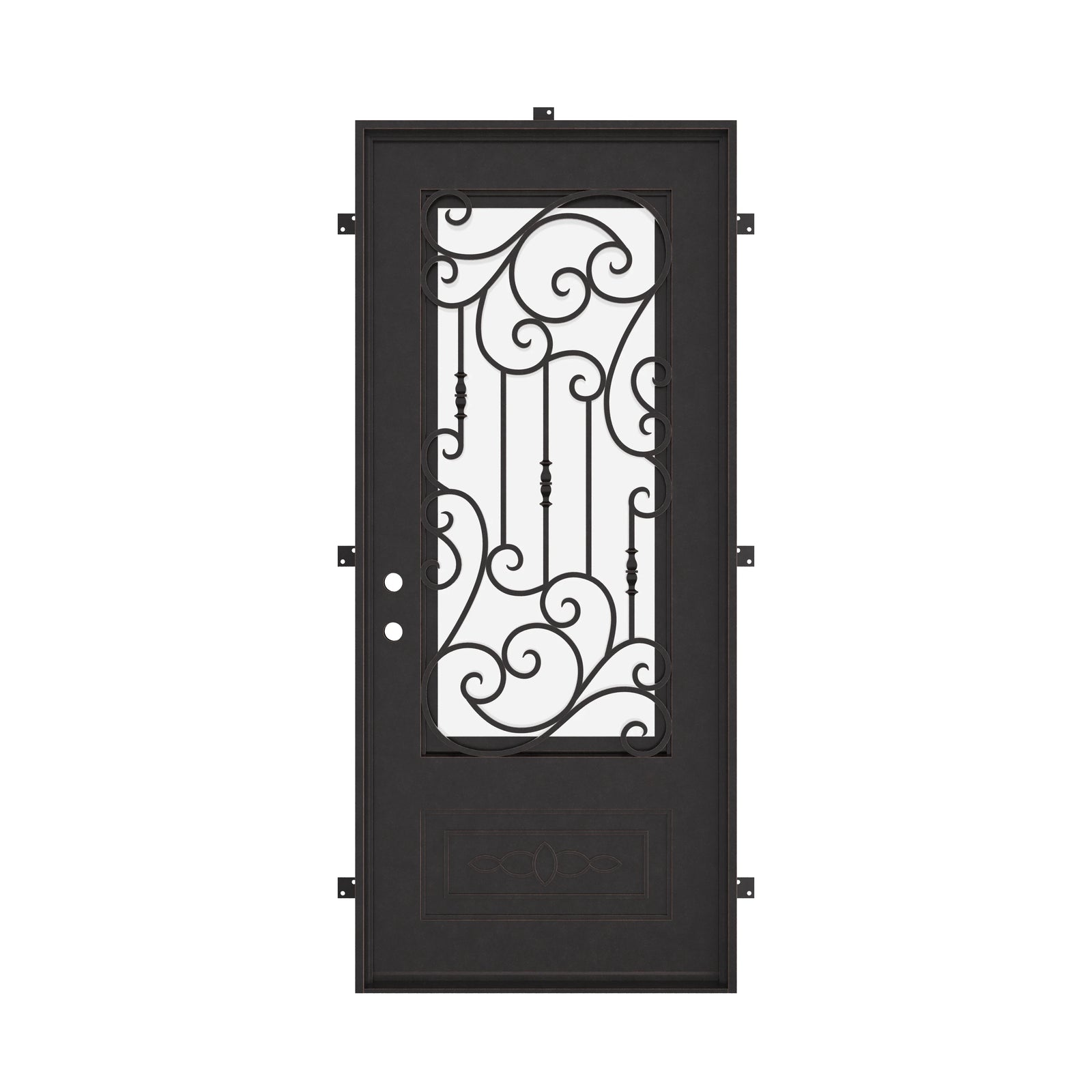 Golden Gate Single flat top door with dual-pane energy efficient glass and scrollwork.
