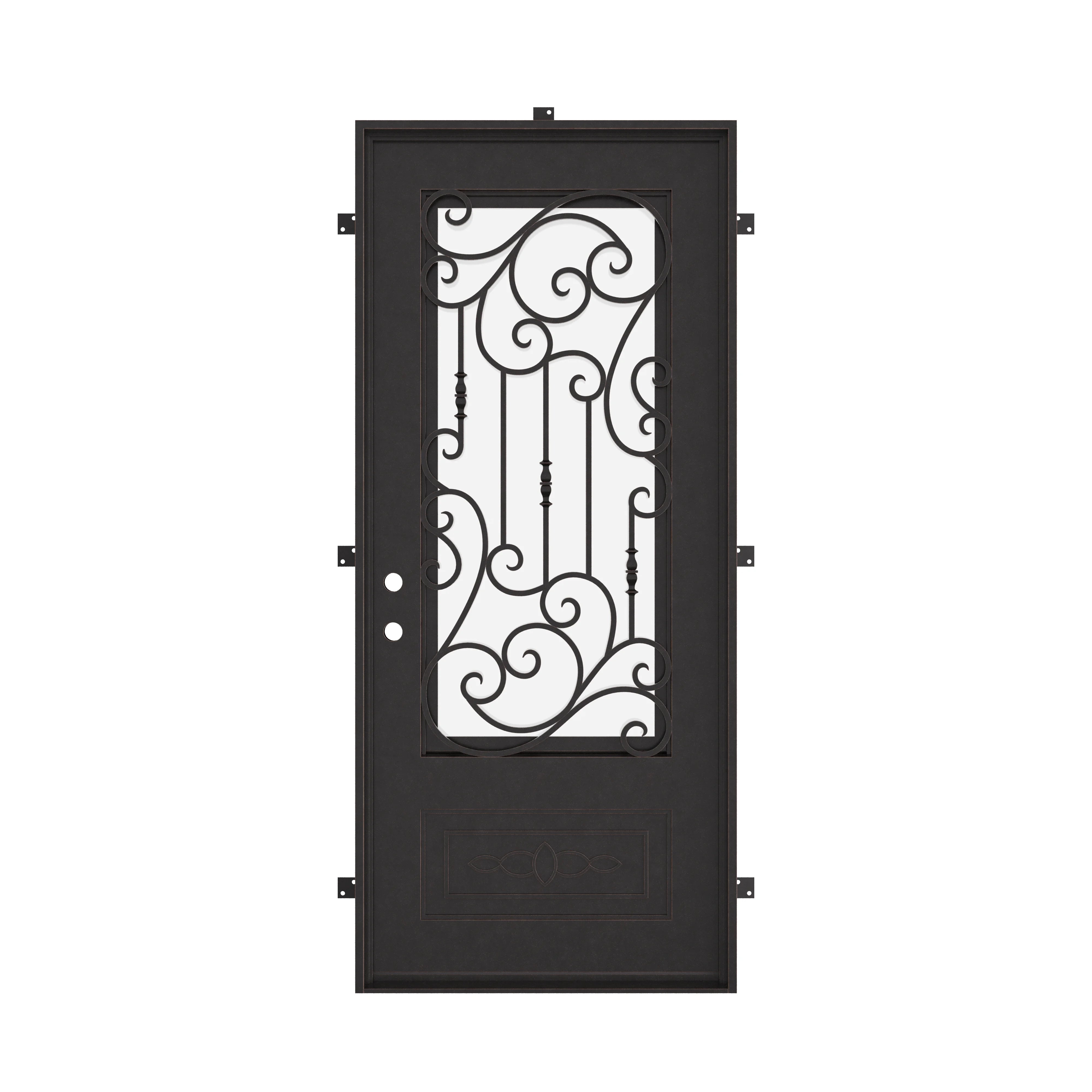 Golden Gate Single flat top door with dual-pane energy efficient glass and scrollwork.