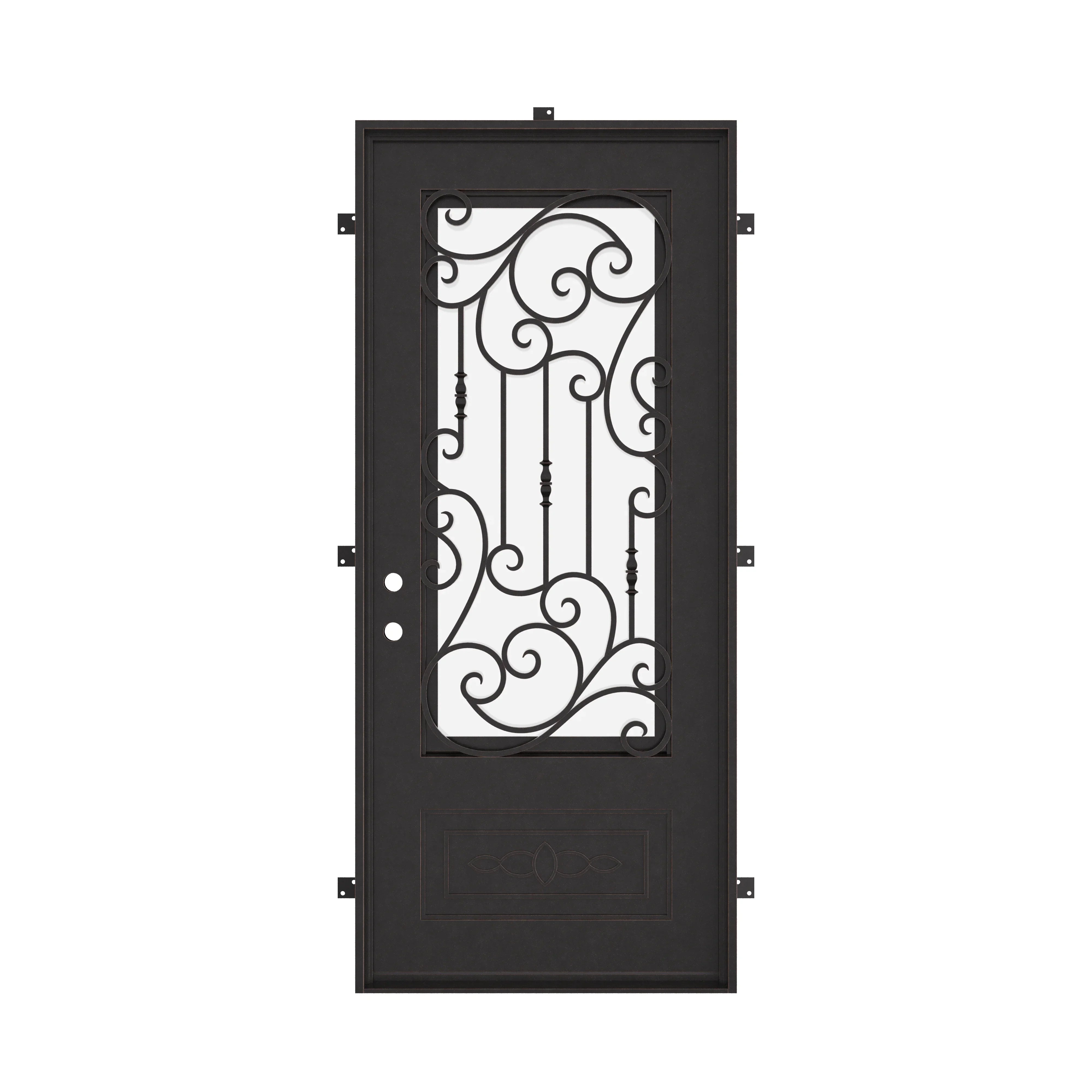 Golden Gate Single flat top door with glass and decorative scrollwork in bronze color.