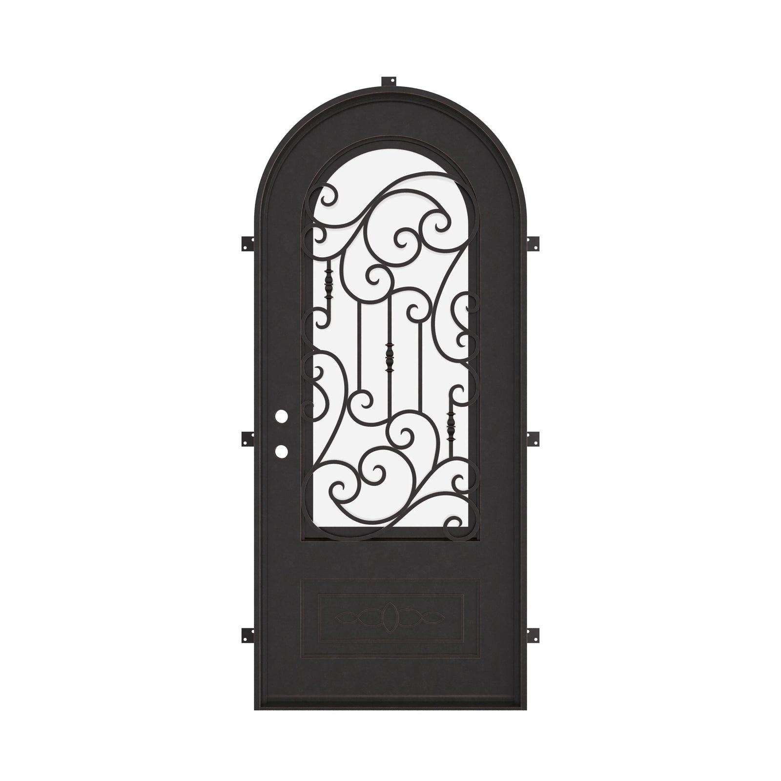 Golden Gate single full arch entry door with thermal break and double glass in bronze color.