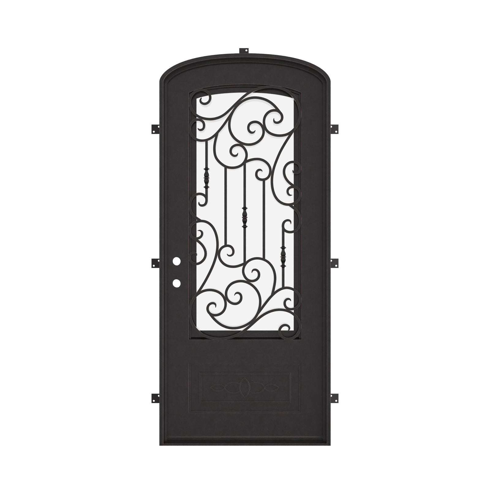 Golden Gate mini arch top single iron door with energy efficient dual-pane tempered glass.