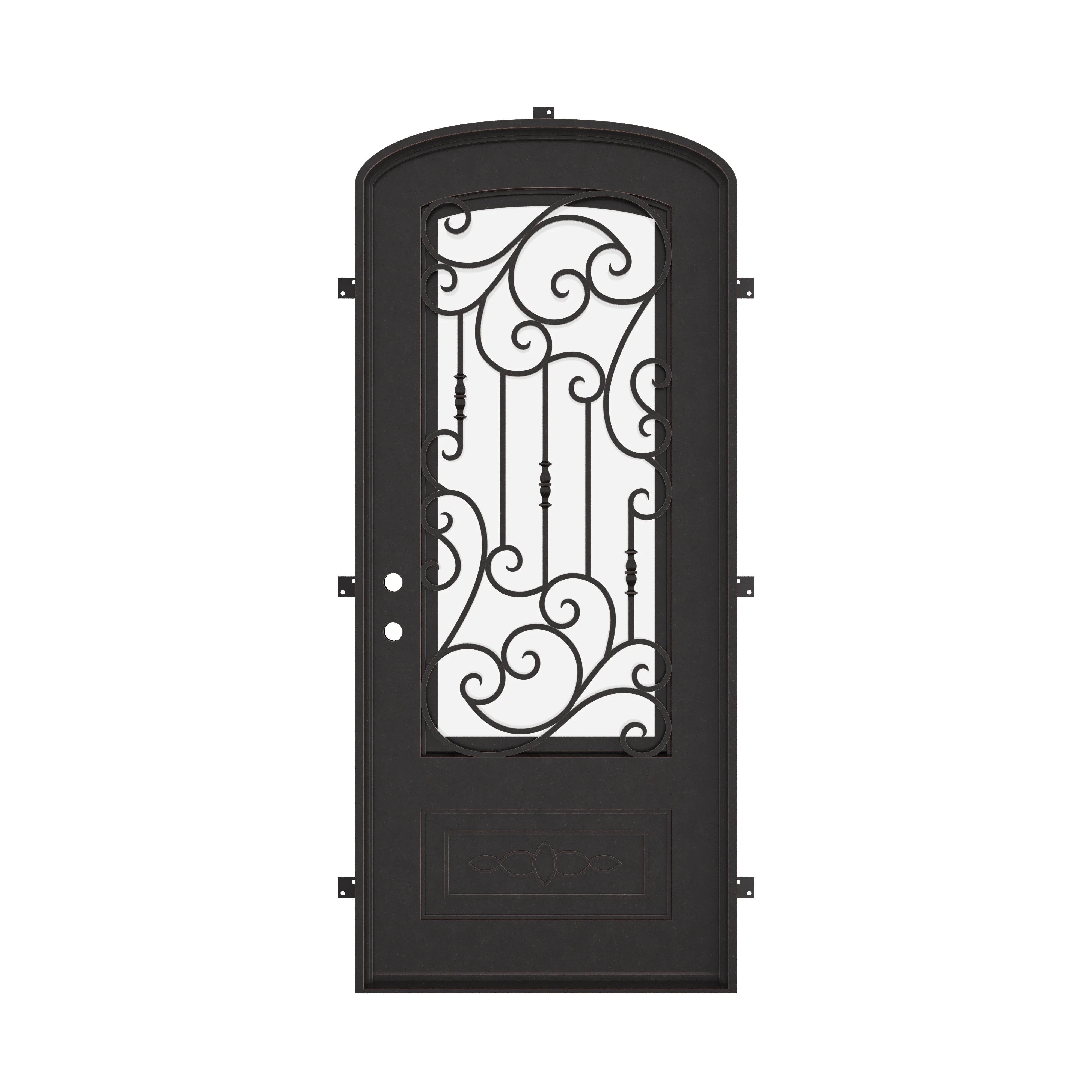 Golden Gate mini arch top single iron door with energy efficient dual-pane tempered glass.
