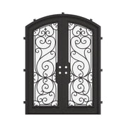 Hills iron double door with arched style and clear glass in bronze hue.