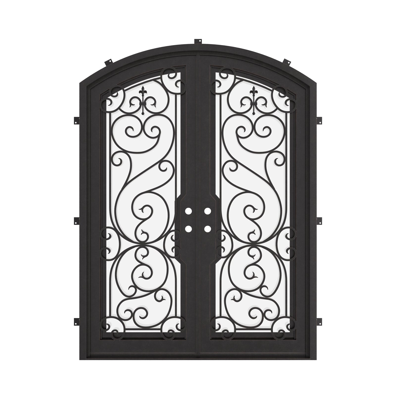 Hills bronze hued iron door with arch and clear glass.