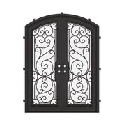 Hills bronze hued iron door with arch and clear glass.