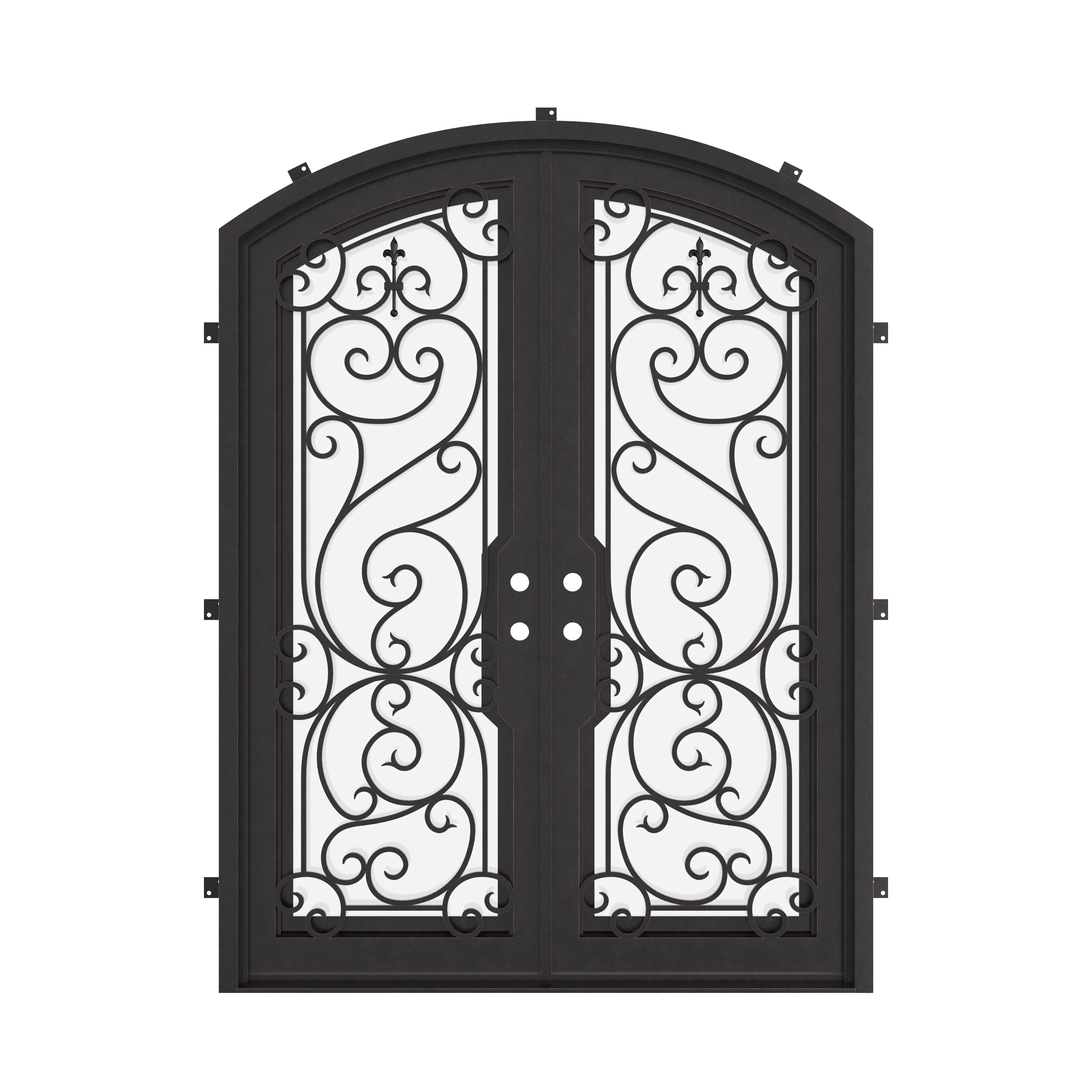 Hills bronze hued iron door with arch and clear glass.
