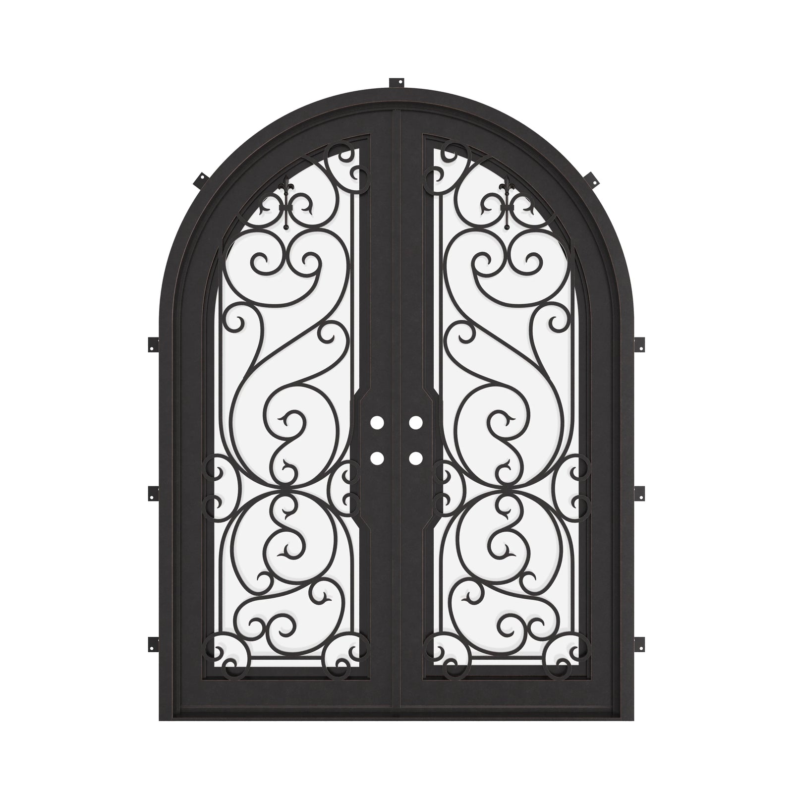 Hills round top double front door with ornate metalwork and glass in bronze.