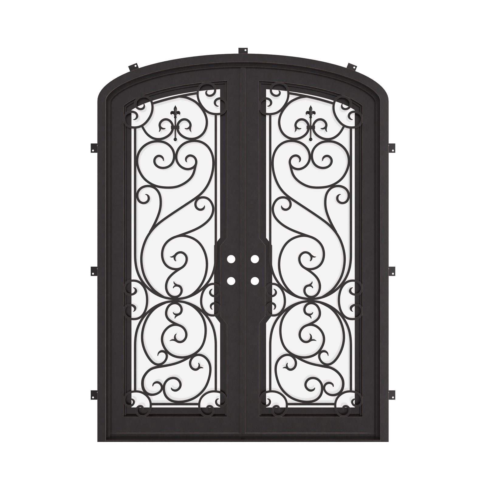 Hills bronze color double iron door with arched design and glass windows.