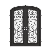 Hills bronze color double iron door with arched design and glass windows.