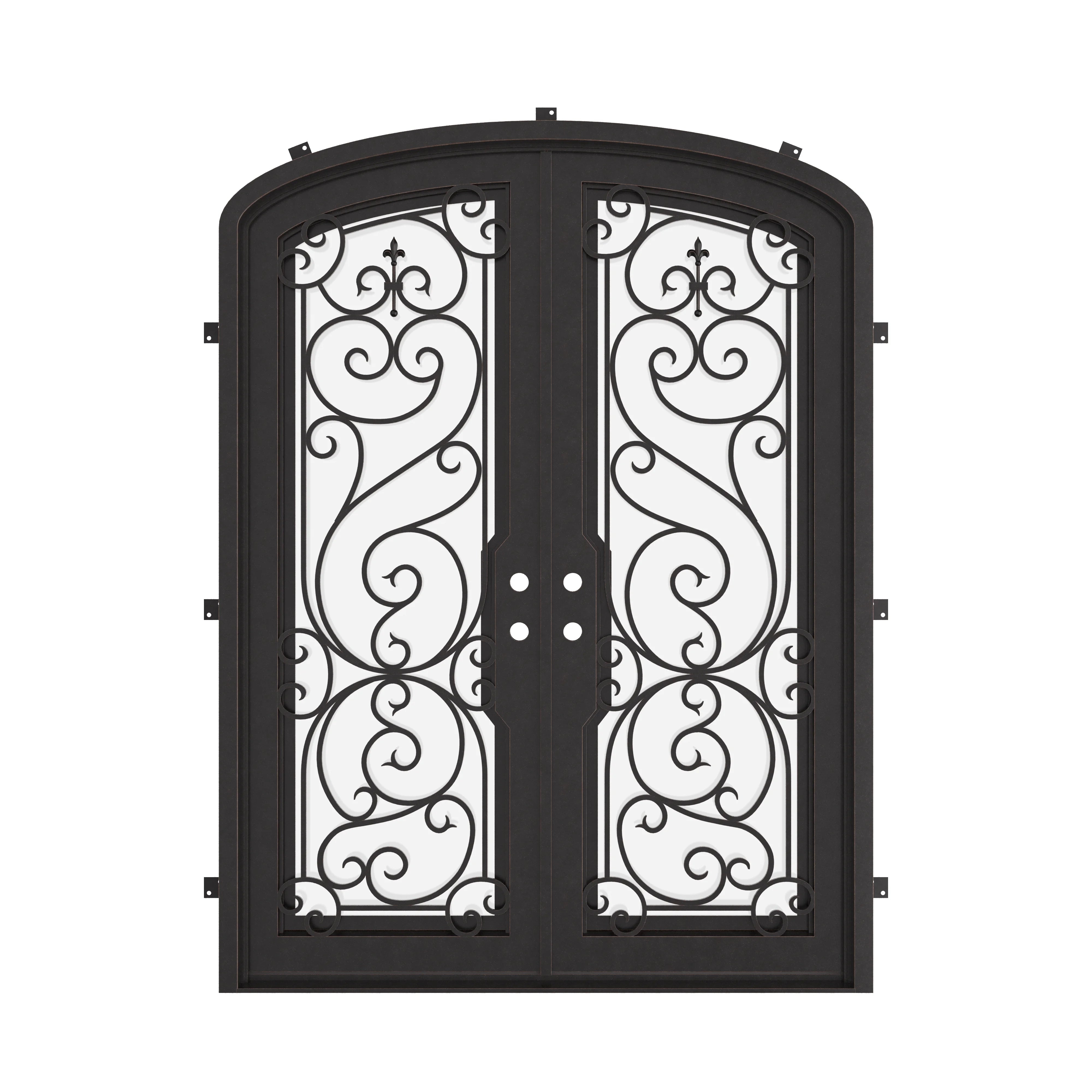 Hills bronze color double iron door with arched design and glass windows.