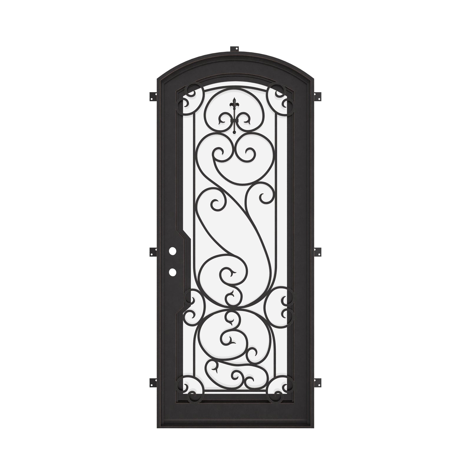 Hills bronze color exterior metal arch top door with decorative scrollwork.