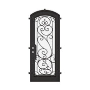 Hills bronze color exterior metal arch top door with decorative scrollwork.