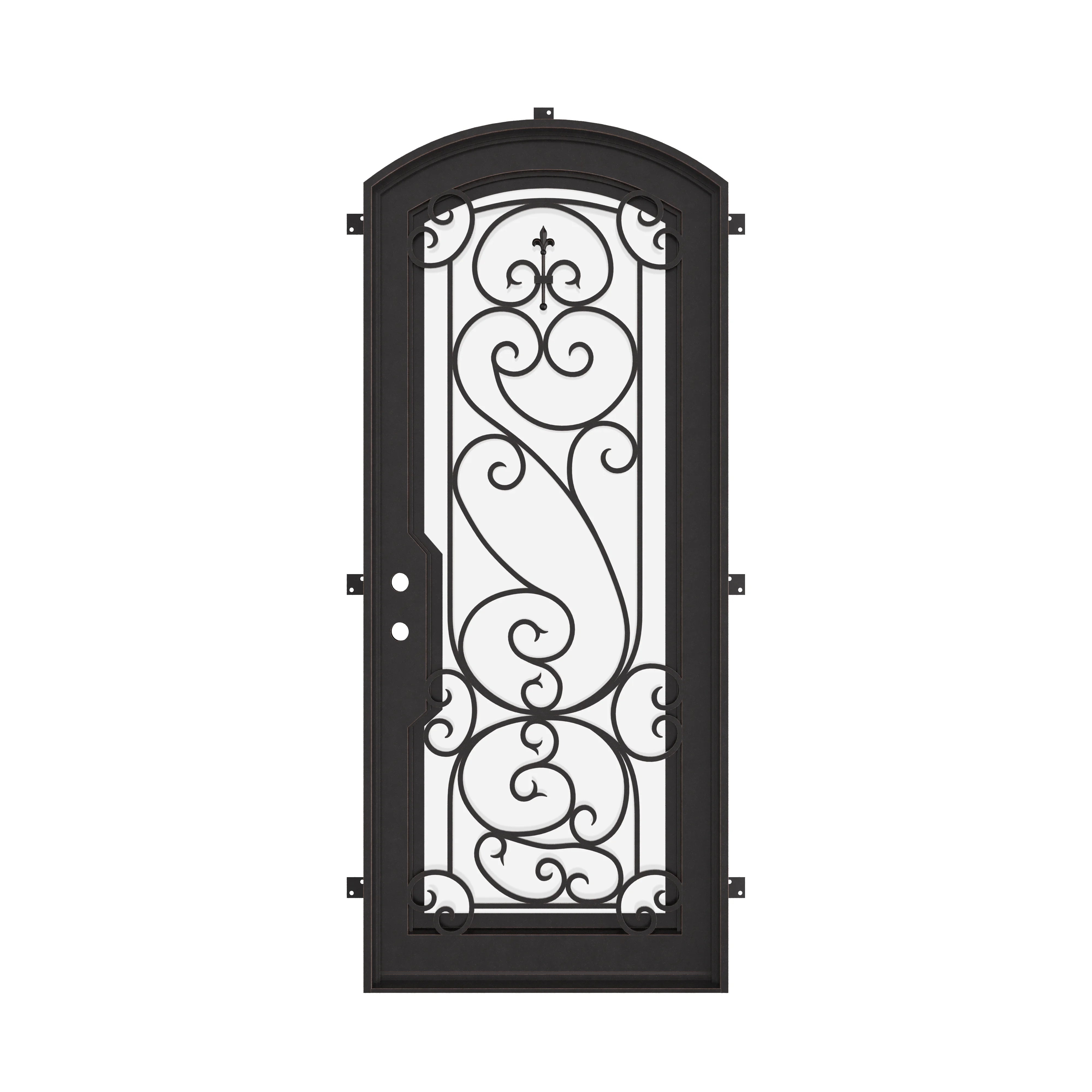 Hills bronze color exterior metal arch top door with decorative scrollwork.