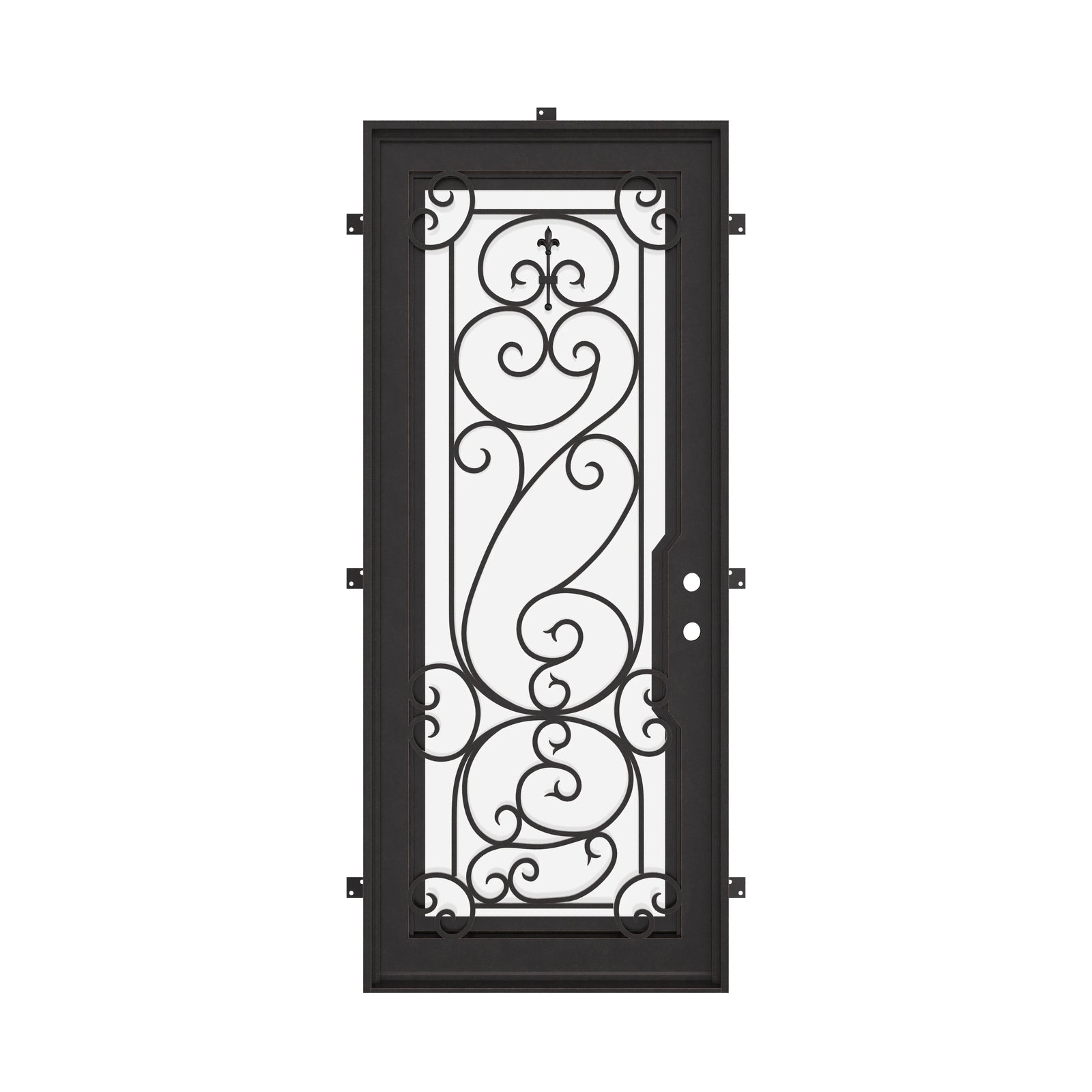 Hills Pre-hung black iron flat top single door with glass and metalwork.