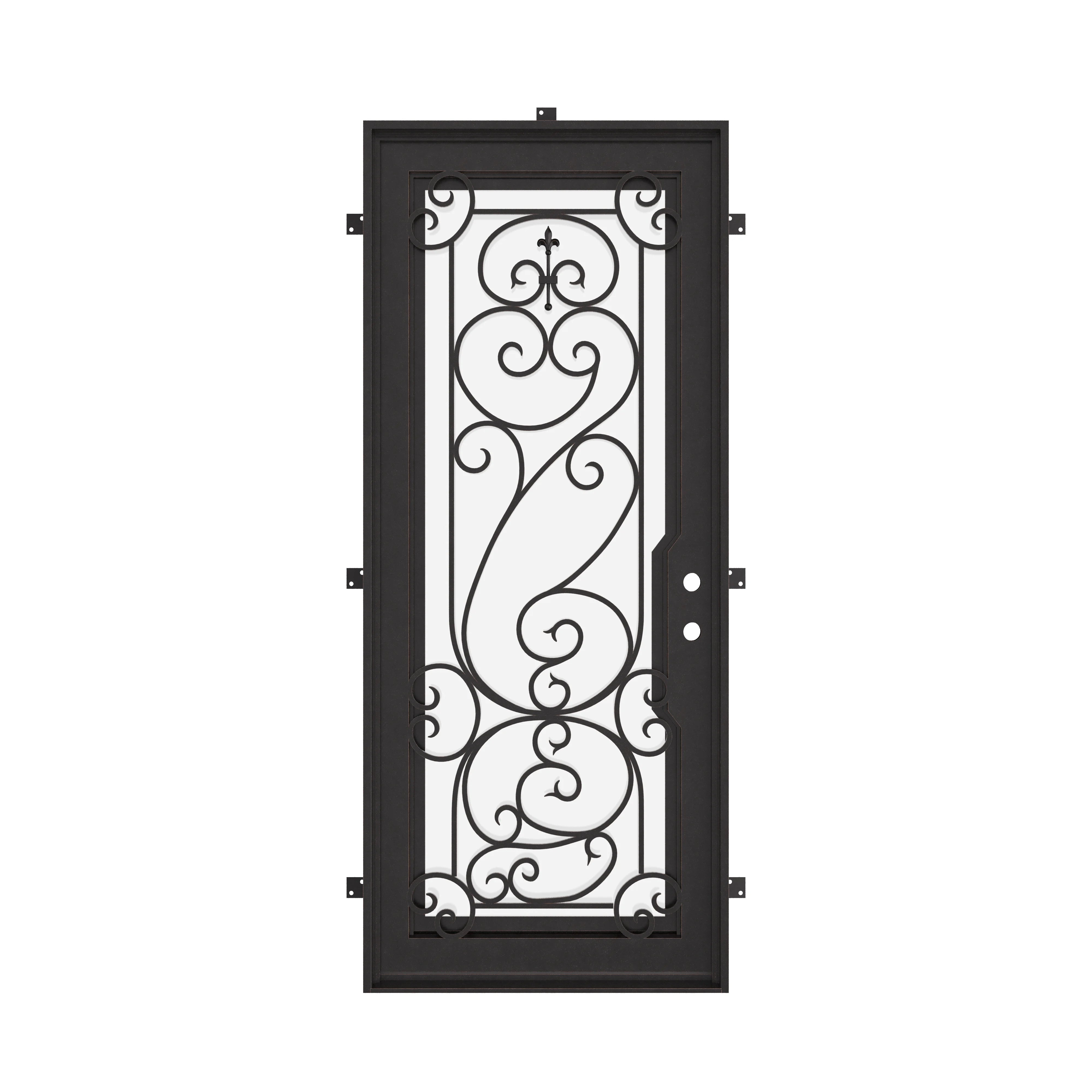 Hills Pre-hung black iron flat top single door with glass and metalwork.
