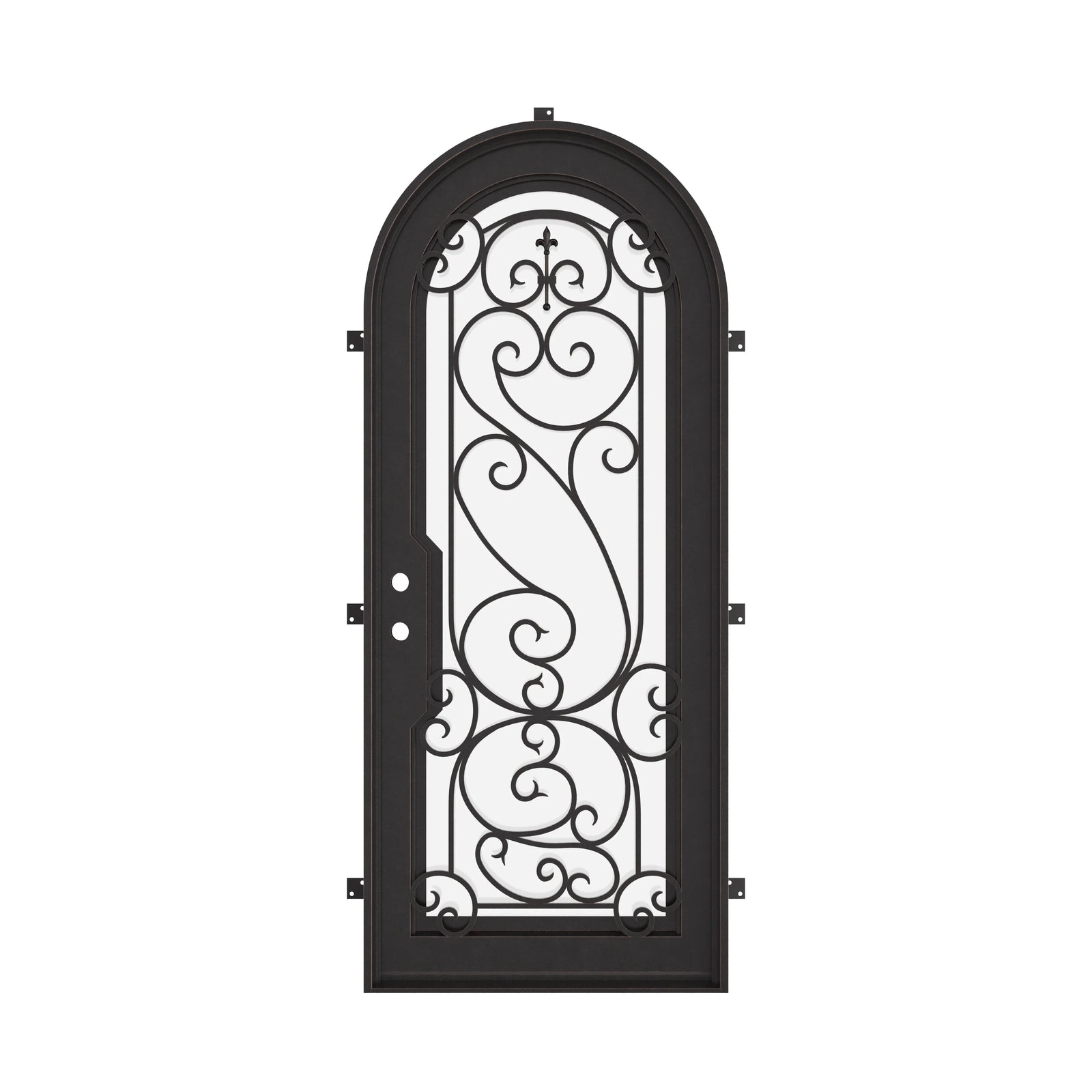Hills black wrought iron single full arch entry door with energy efficient glass.