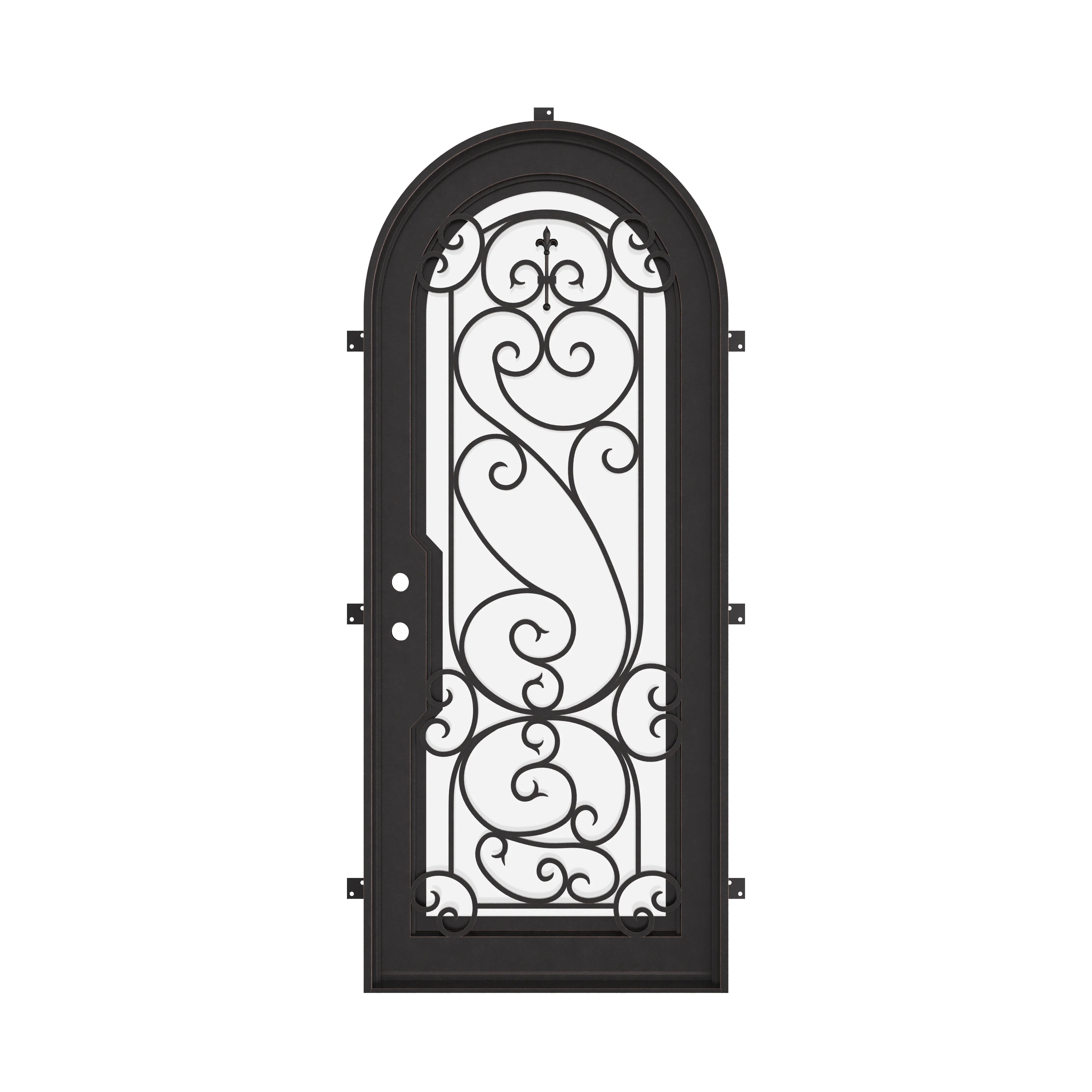 Hills black wrought iron single full arch entry door with energy efficient glass.