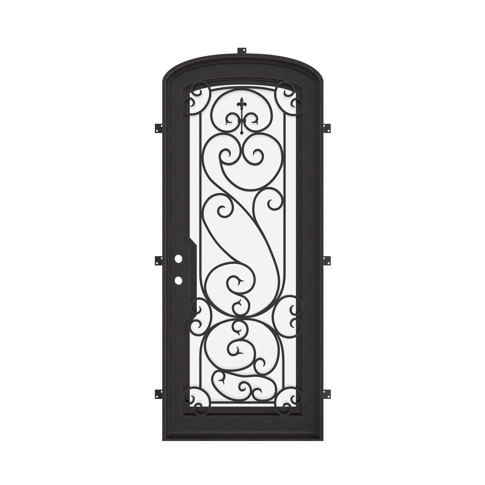 Hills pre-hung bronze color wrought iron mini arch top single door with glass in bronze color.