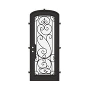 Hills pre-hung bronze color wrought iron mini arch top single door with glass in bronze color.
