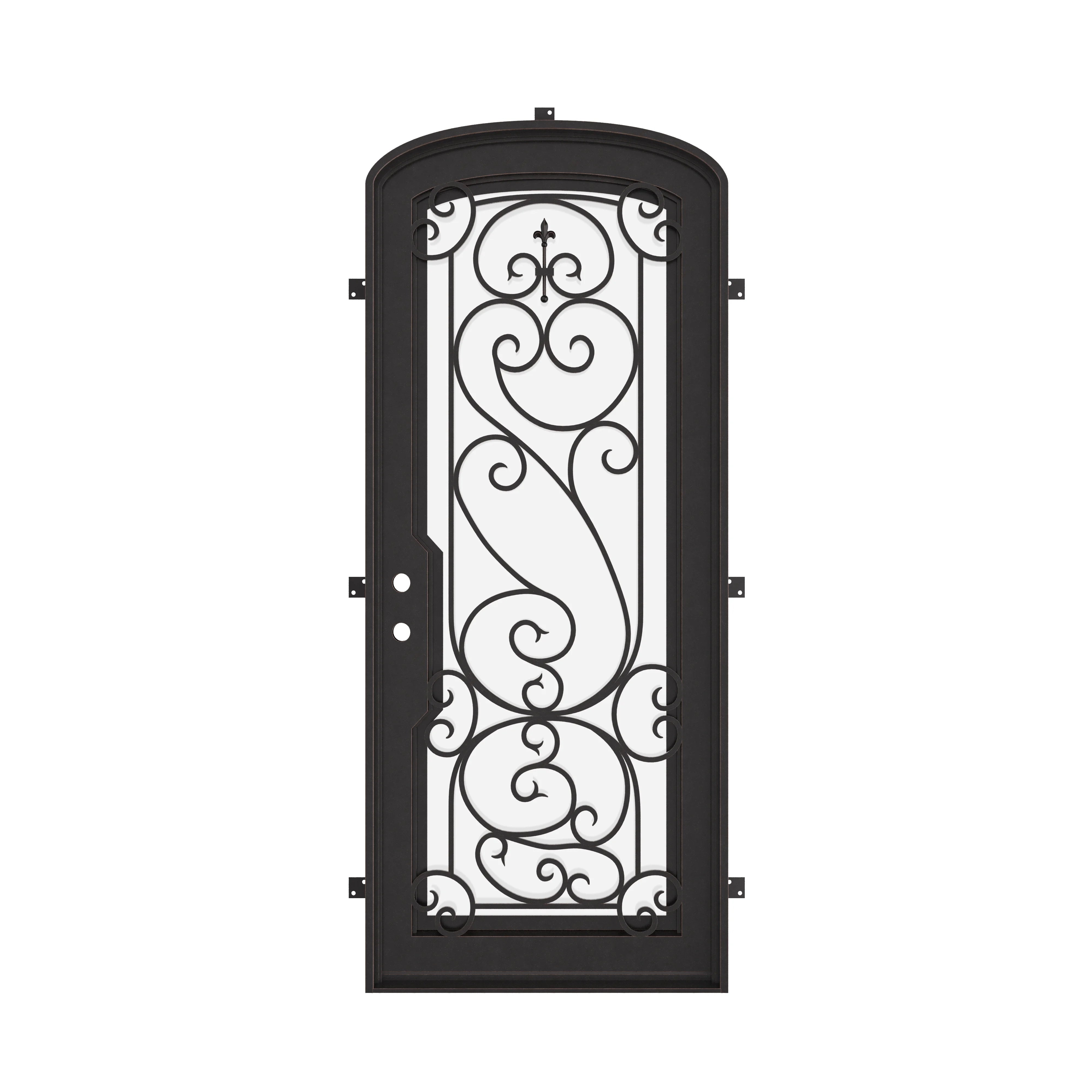 Hills pre-hung bronze color wrought iron mini arch top single door with glass in bronze color.