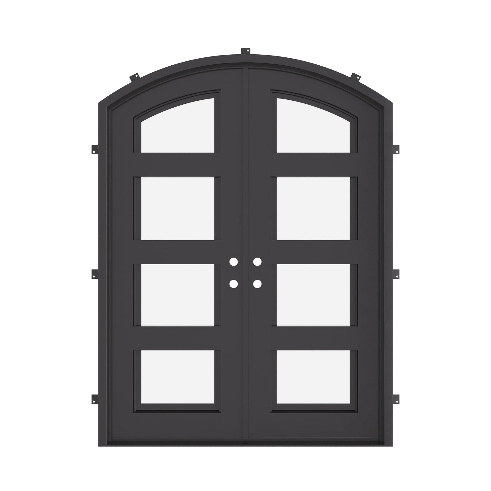 Knox arched top iron entry door with glass windows in bronze tone.