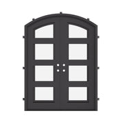 Knox double iron door in bronze tone with glass windows and arched design.