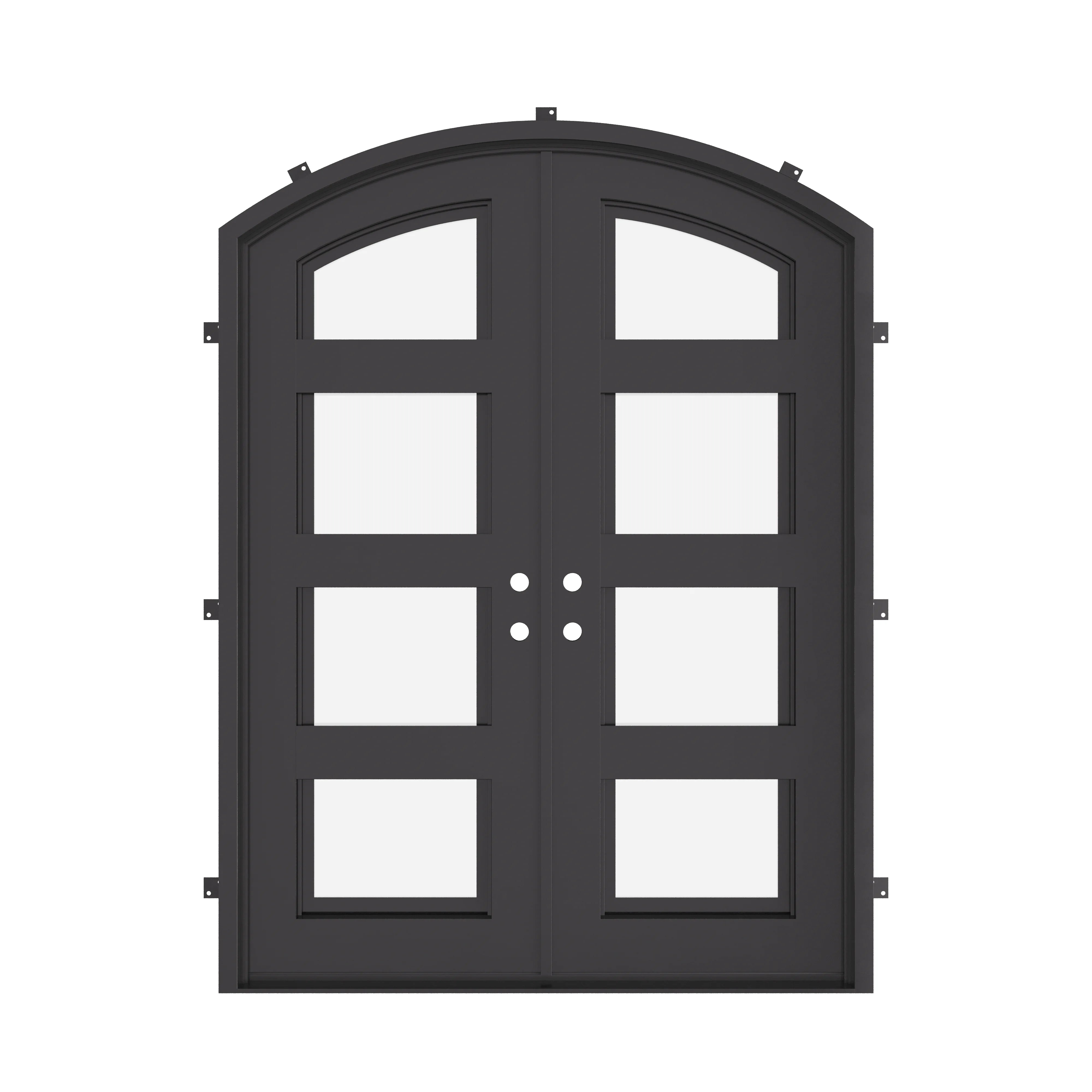 Knox double iron door in bronze tone with glass windows and arched design.