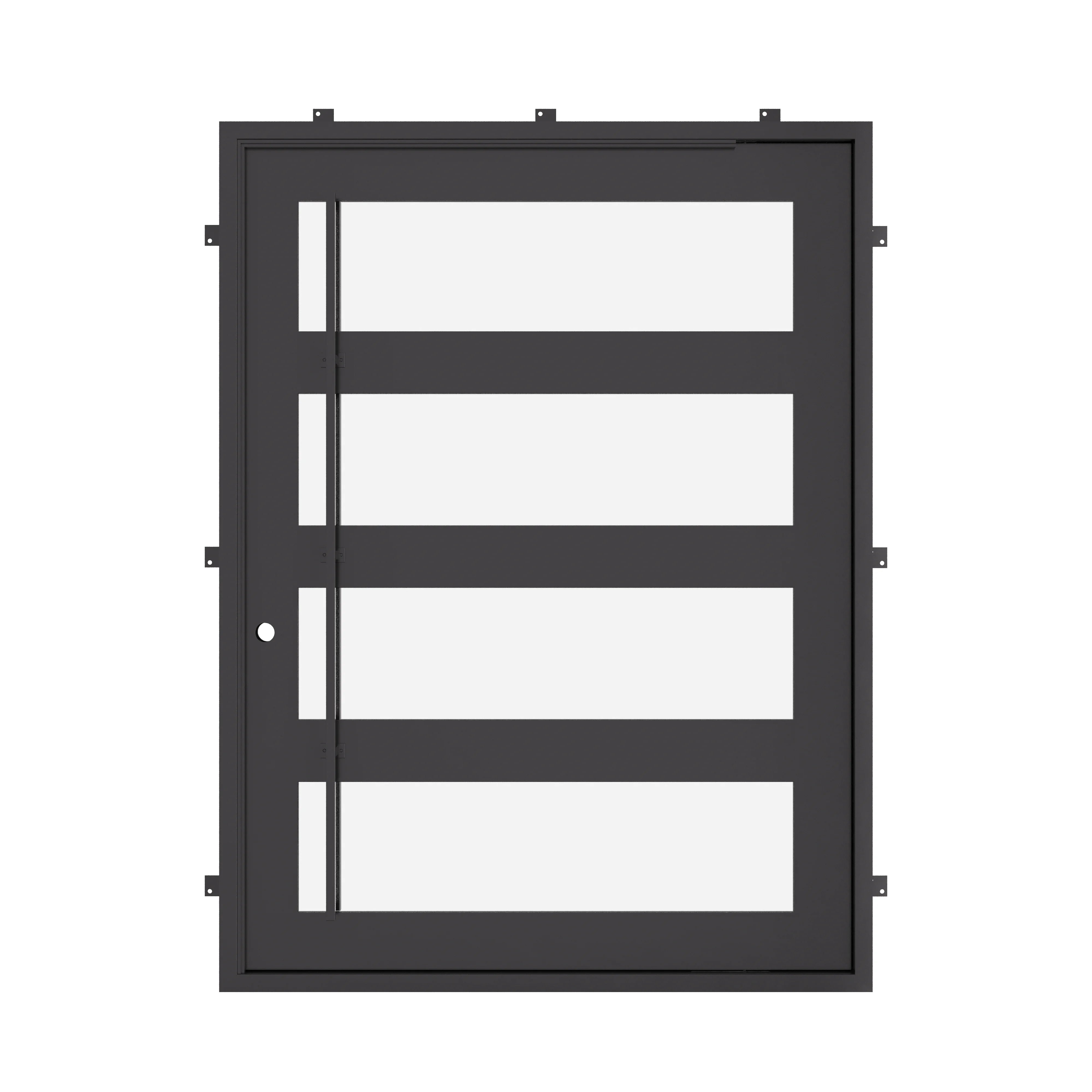 Knox pivot entry door with thick metal design and straight top in black.