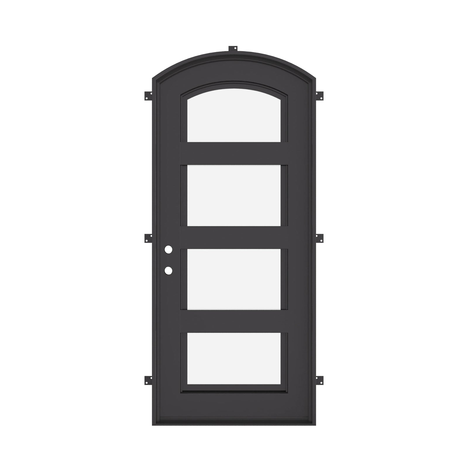 Knox black exterior wrought iron arch top door with thick double-pane glass.