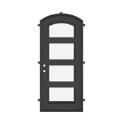 Knox black exterior wrought iron arch top door with thick double-pane glass.
