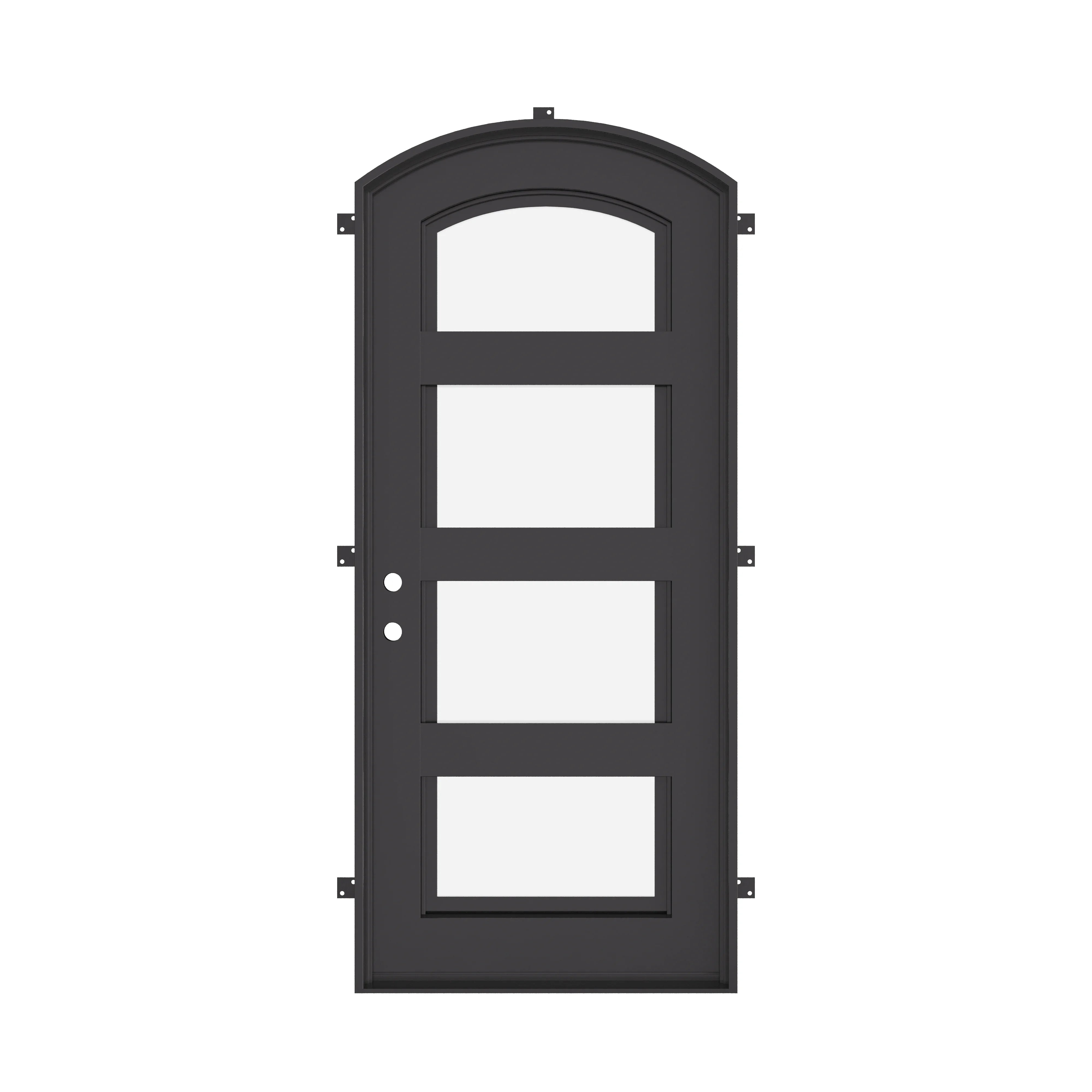 Knox black exterior wrought iron arch top door with thick double-pane glass.