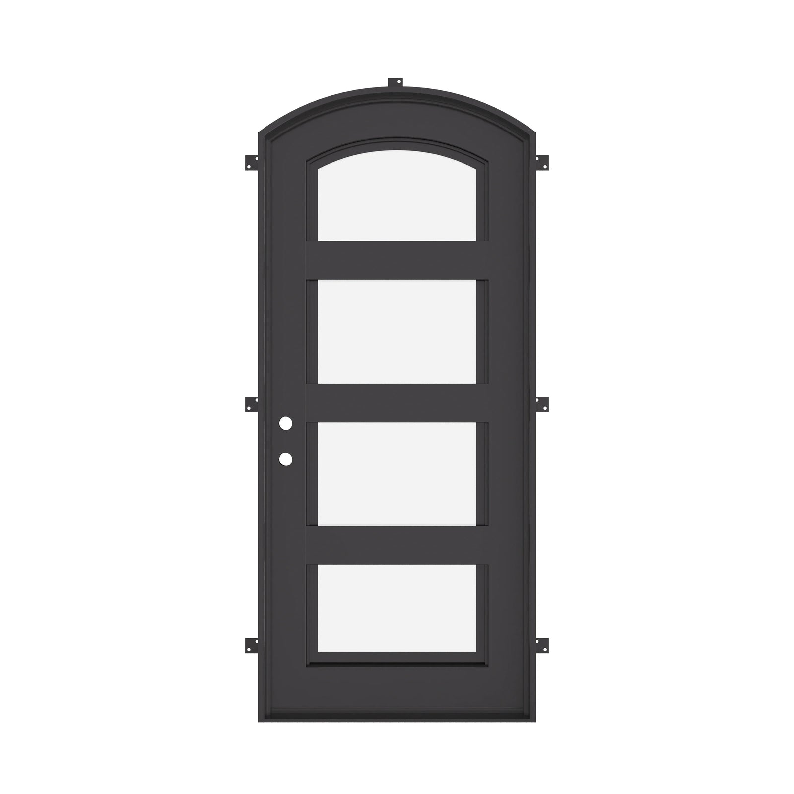 Knox subtle arch top single swing door in black finish.
