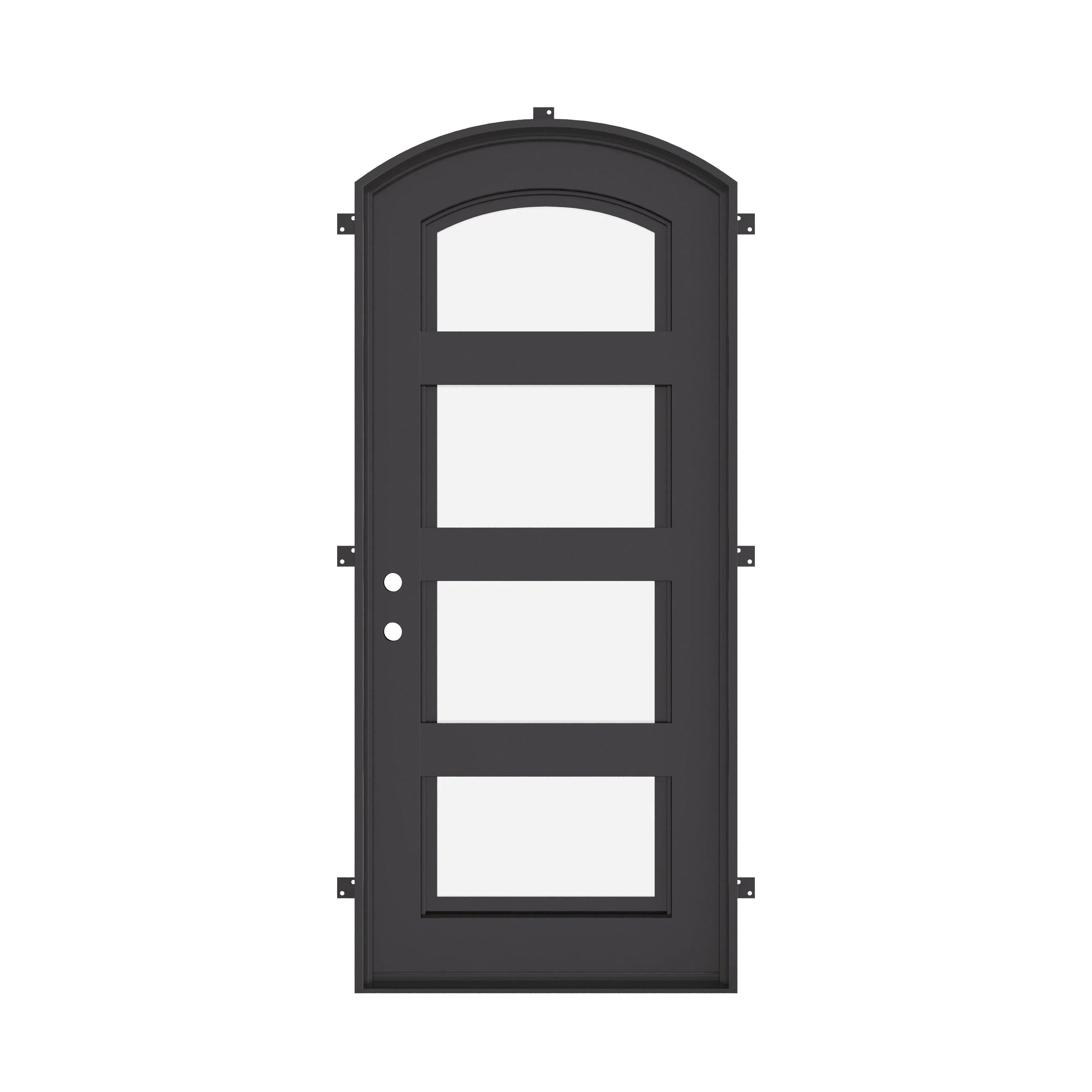 Knox subtle arch top single swing door in black finish.