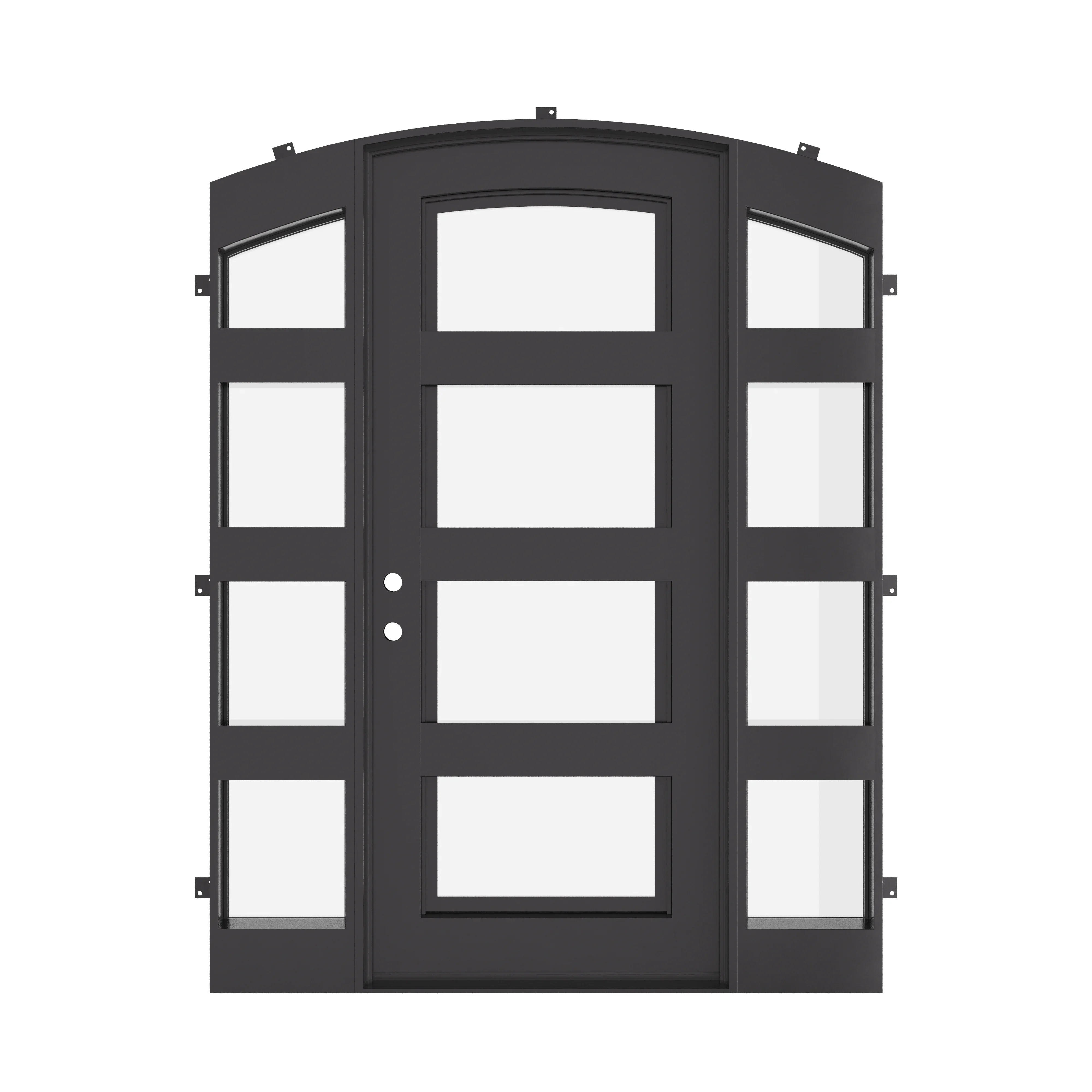 Knox single curved top exterior door in bronze with side windows and thermal barrier.