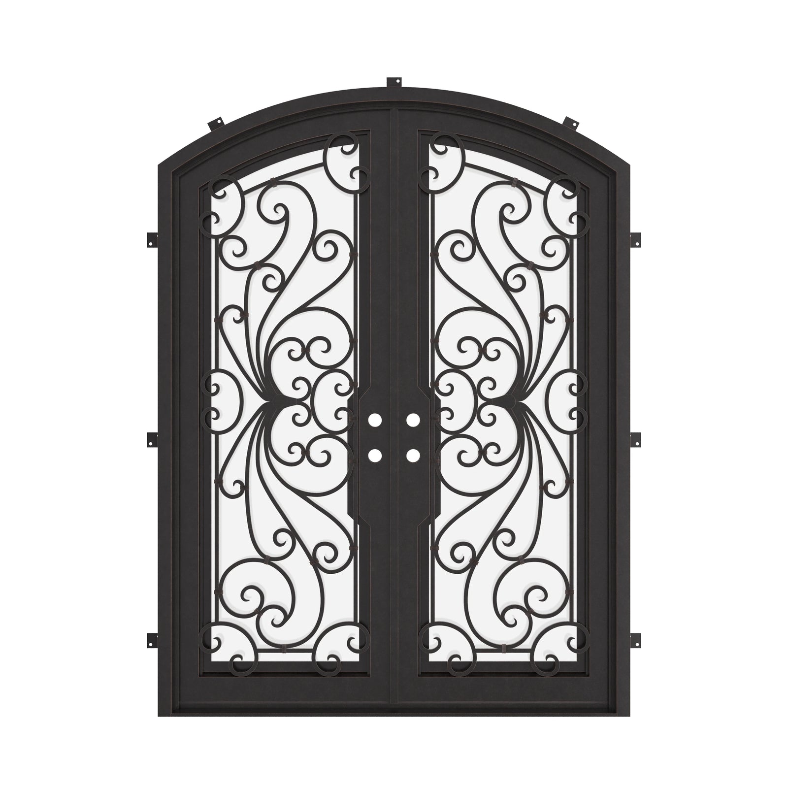 Miracle bronze shaded arched design iron door with glass.