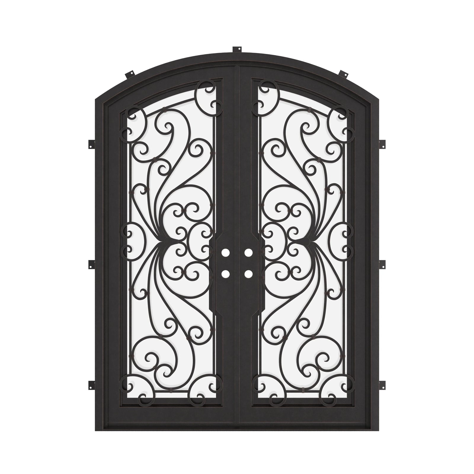 Miracle black colored arched top metal double entry door with glass and thermal break.