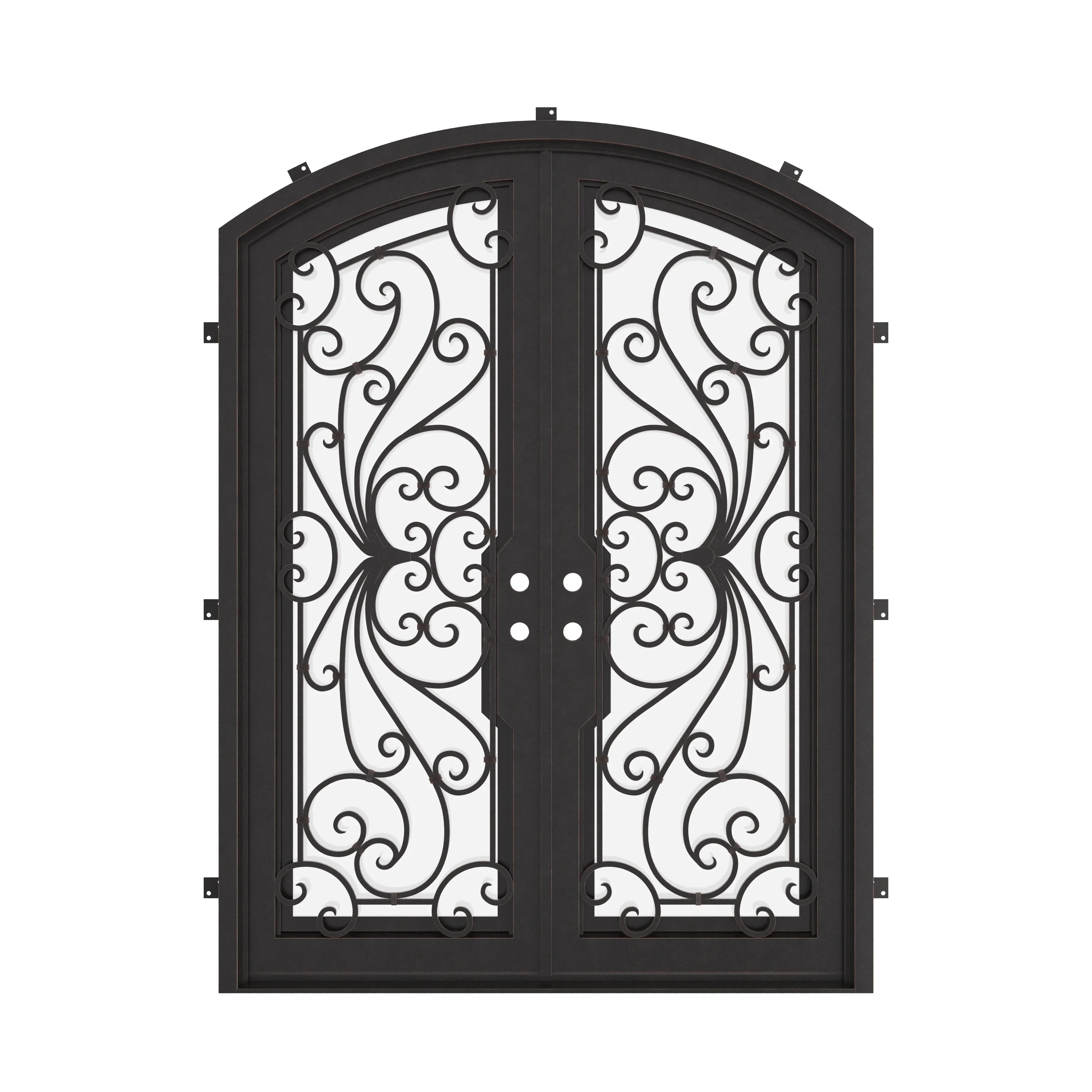 Miracle black colored arched top metal double entry door with glass and thermal break.