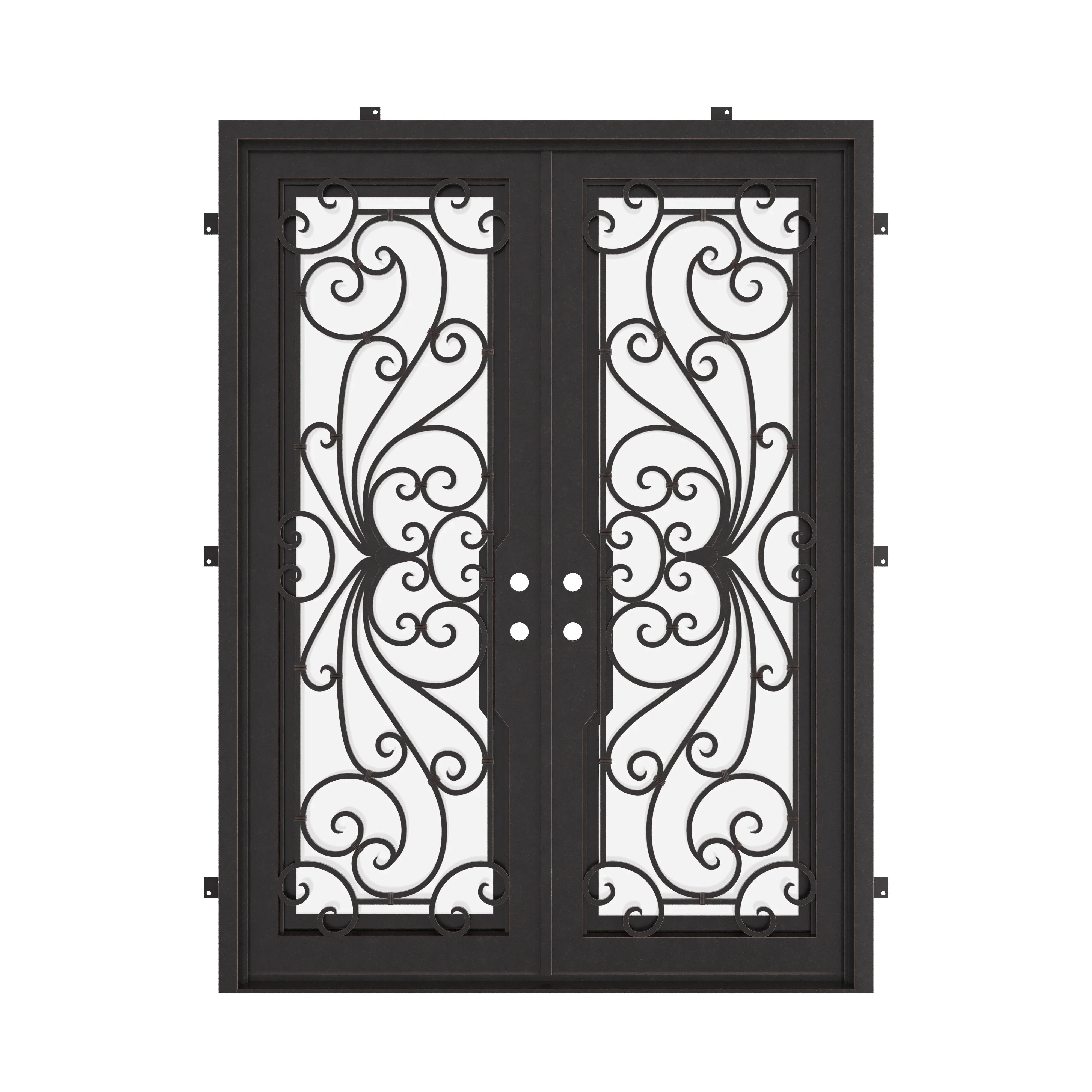 Miracle bronze color exterior iron double flat entry door with glass.