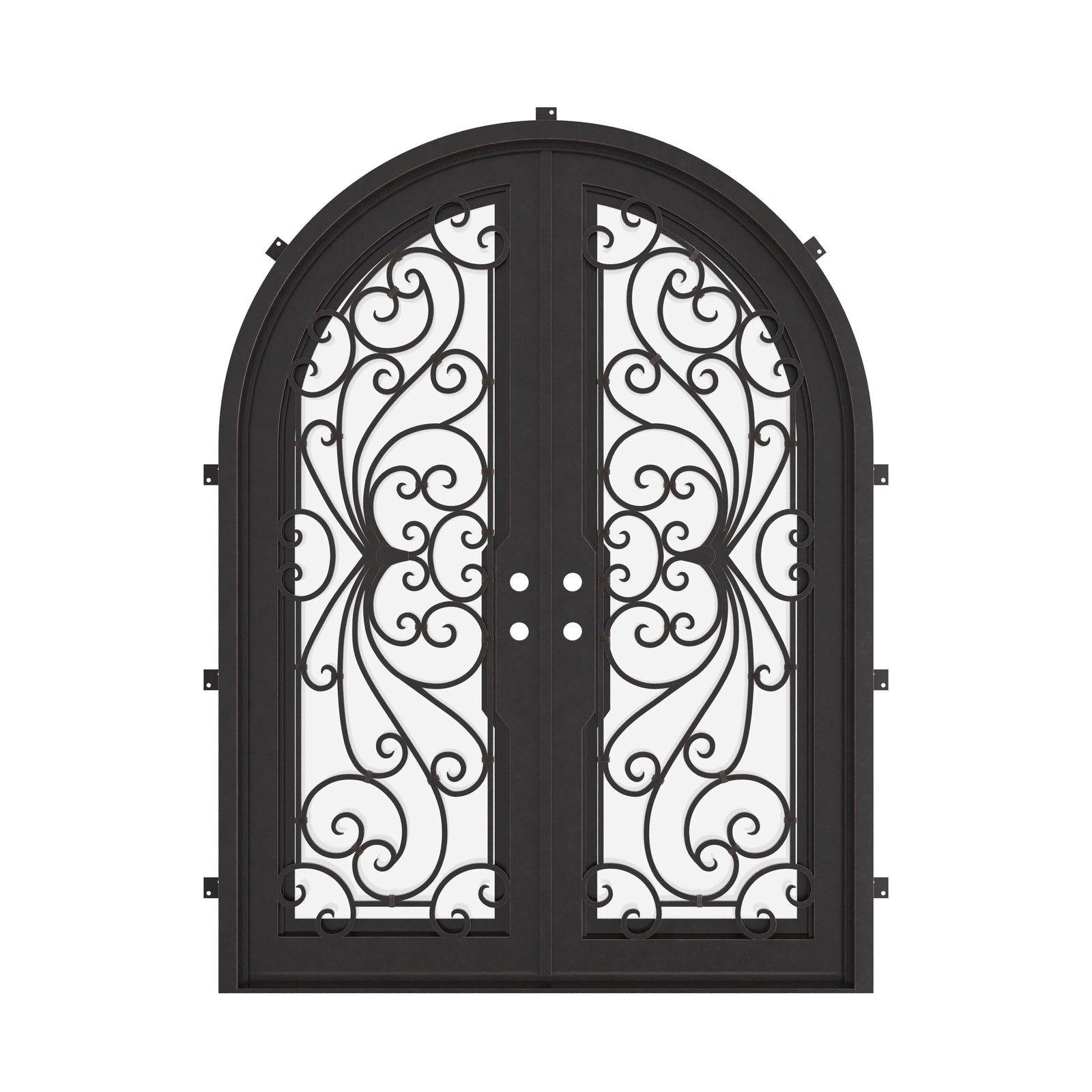Miracle round top double entry door with thick tempered glass in bronze color.