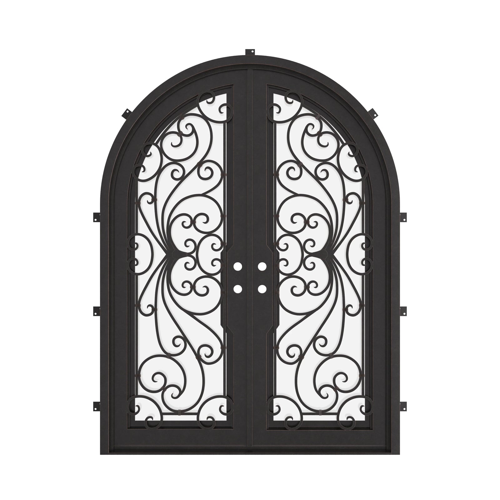 Miracle full arch top double entry door with hand forged metalwork and glass.