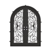 Miracle full arch top double entry door with hand forged metalwork and glass.