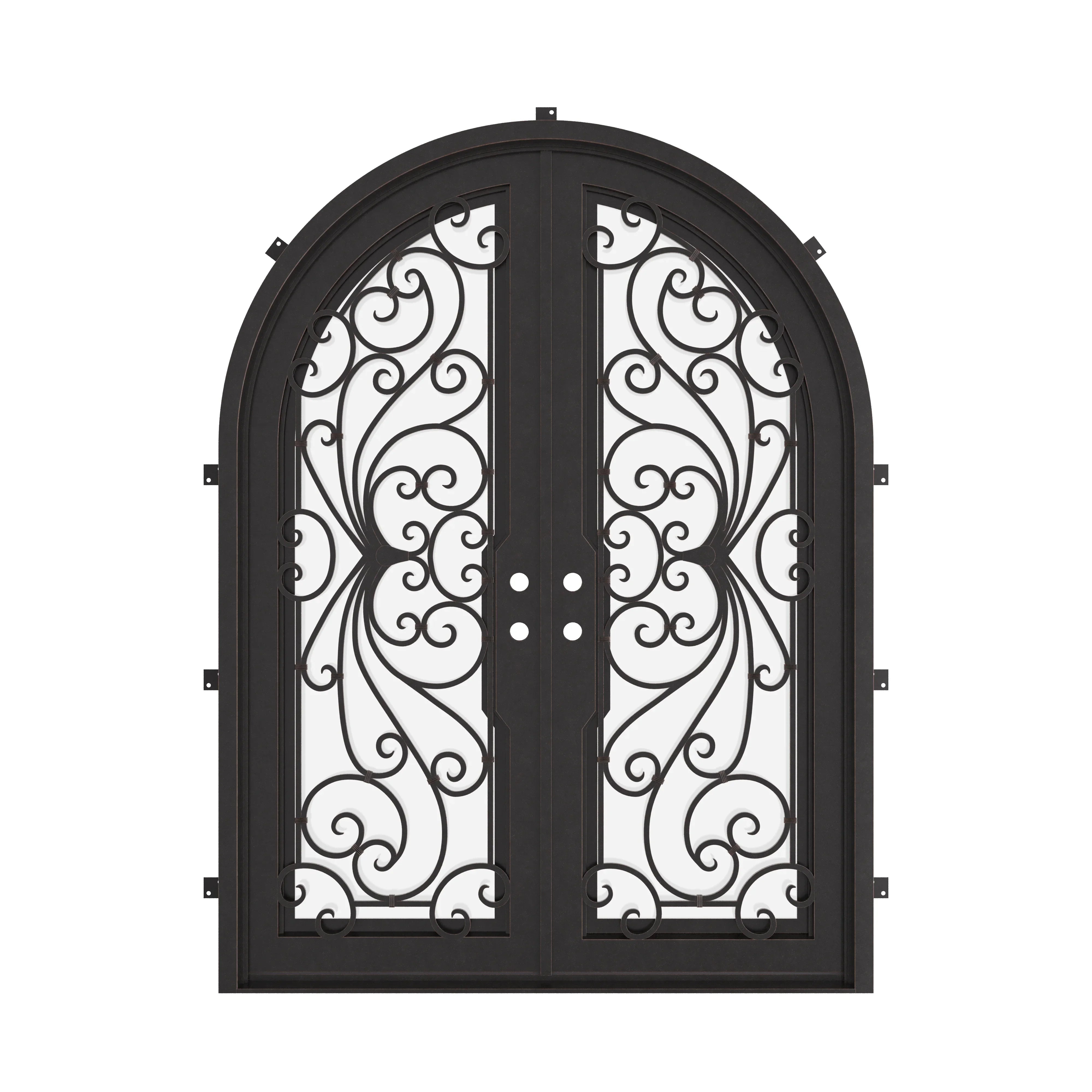 Miracle full arch top double entry door with hand forged metalwork and glass.