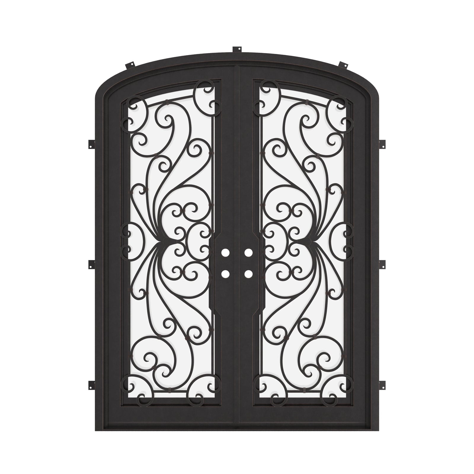 Miracle bronze hued arched top iron double door with glass.