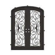 Miracle bronze hued arched top iron double door with glass.