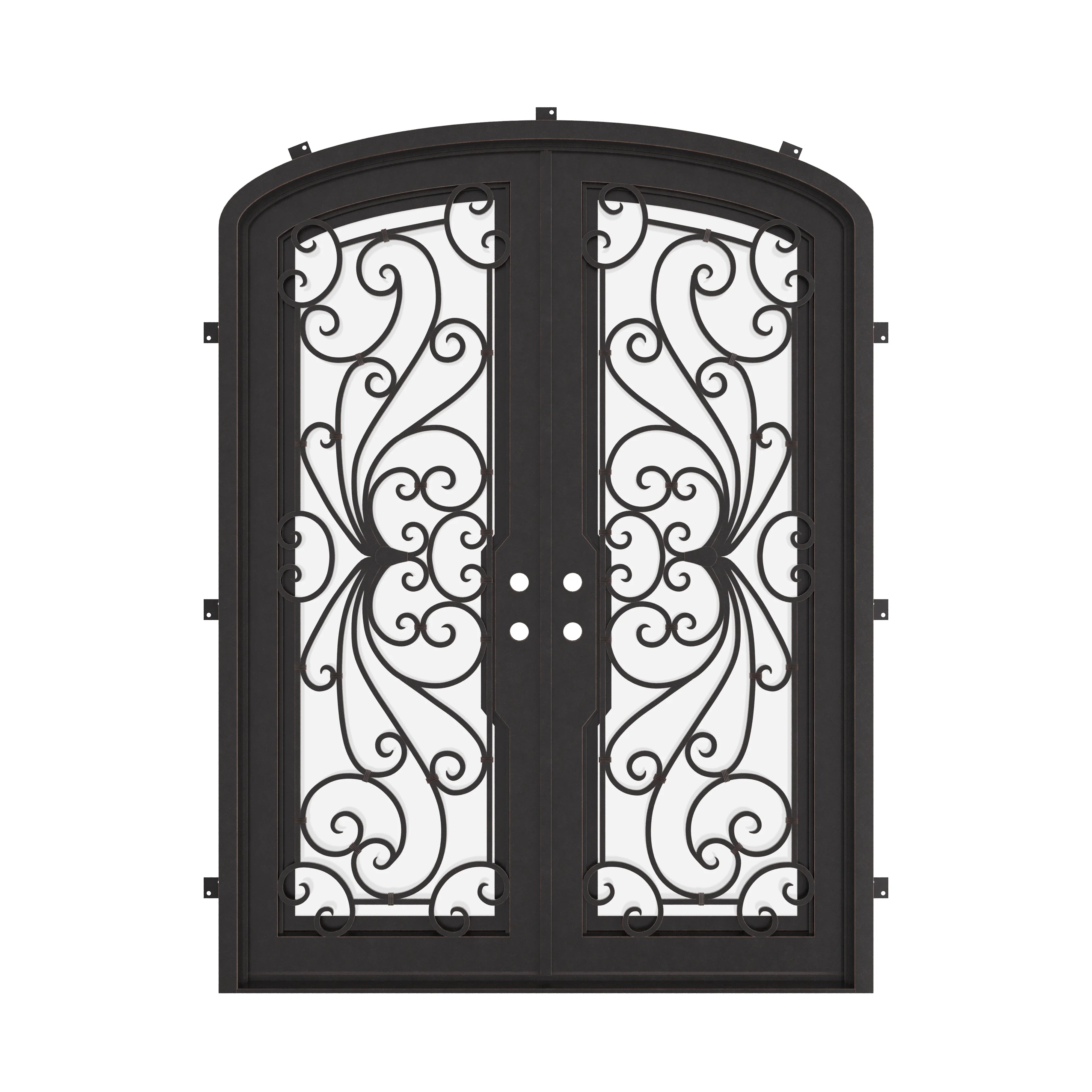 Miracle bronze hued arched top iron double door with glass.