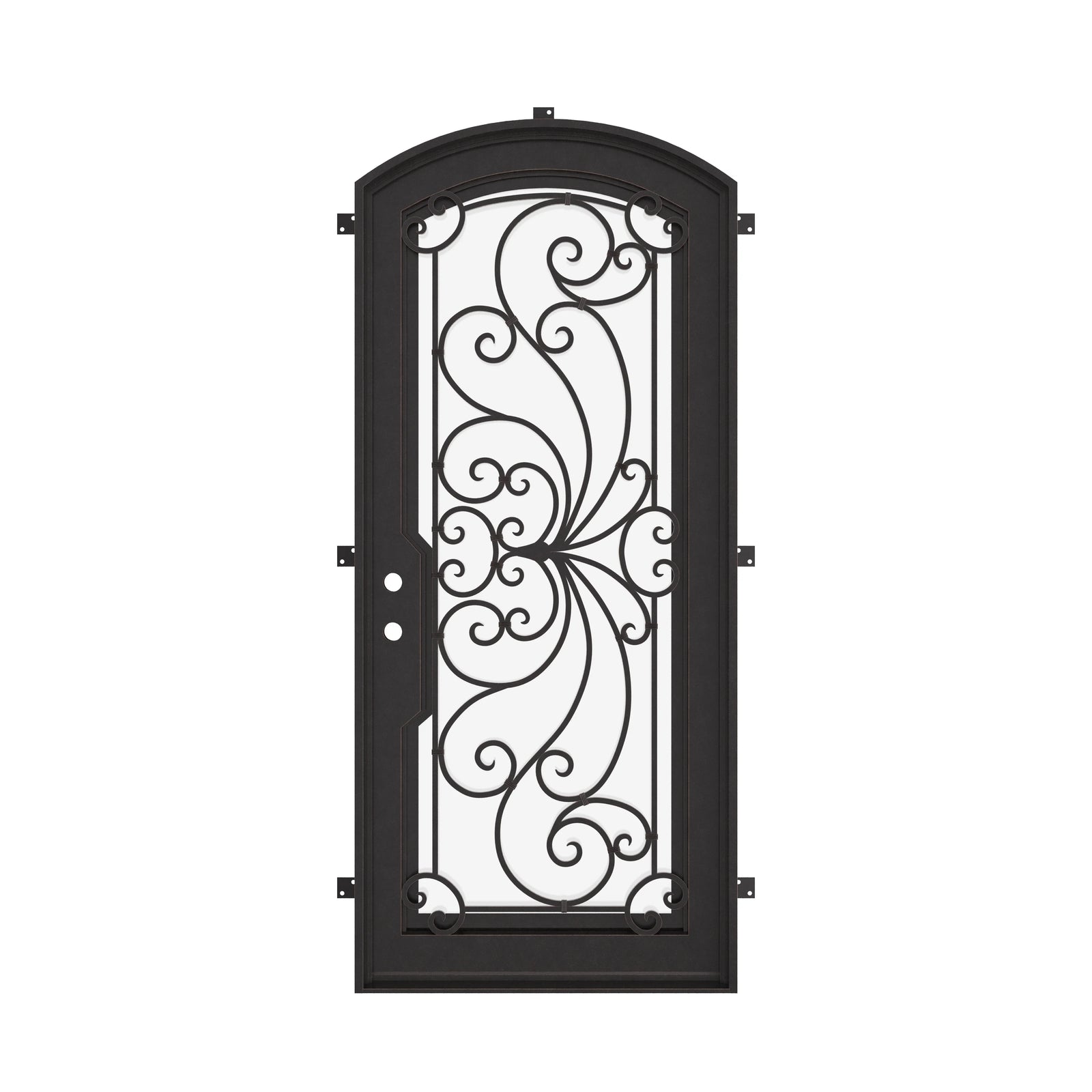 Miracle bronze color exterior wrought iron arch top door with ornate scrollwork.