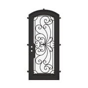 Miracle bronze color exterior wrought iron arch top door with ornate scrollwork.