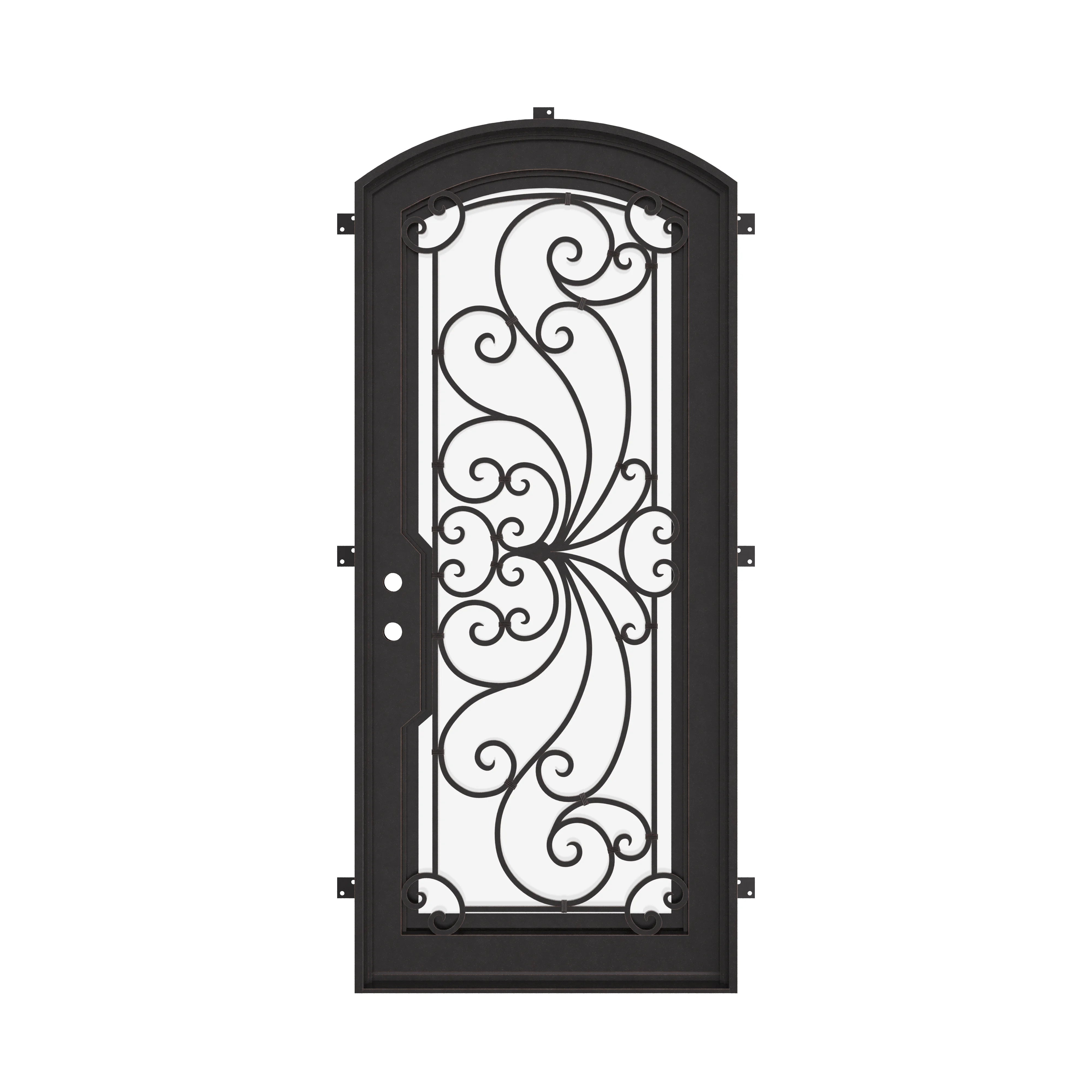 Miracle bronze color exterior wrought iron arch top door with ornate scrollwork.