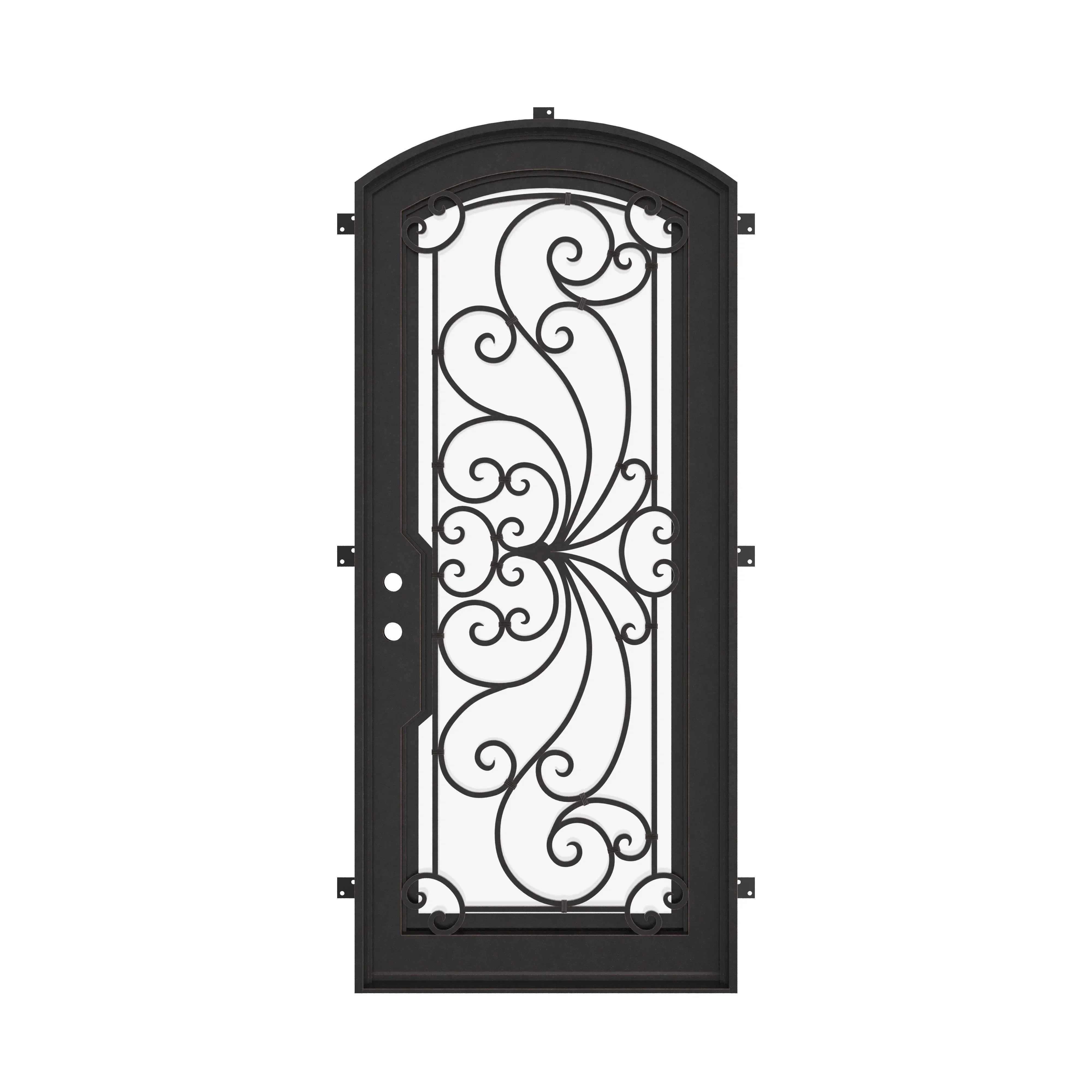 Miracle single arch top door with decorative scrollwork in bronze color.
