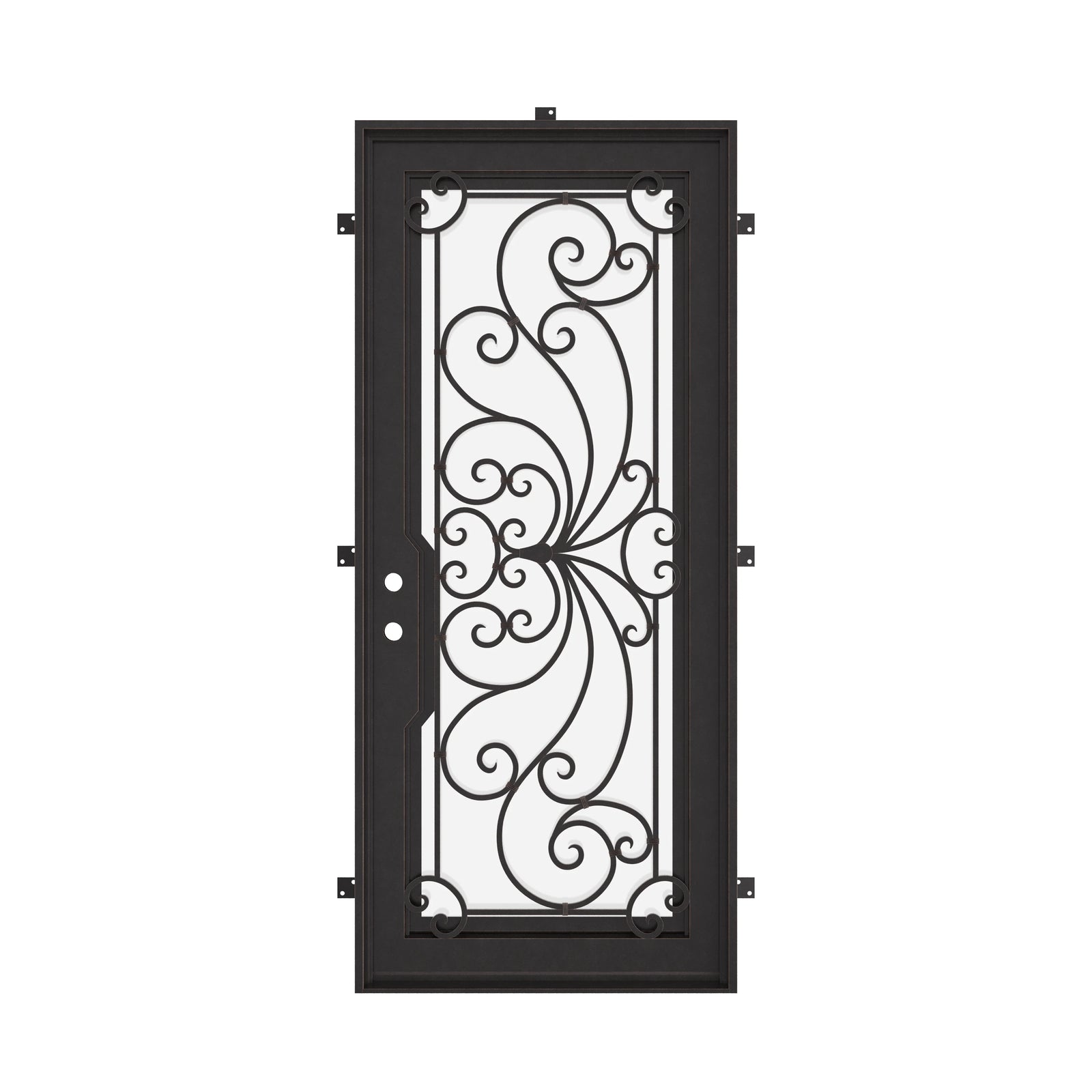 Miracle Bronze color exterior metal flat top single hinged door with glass panel.